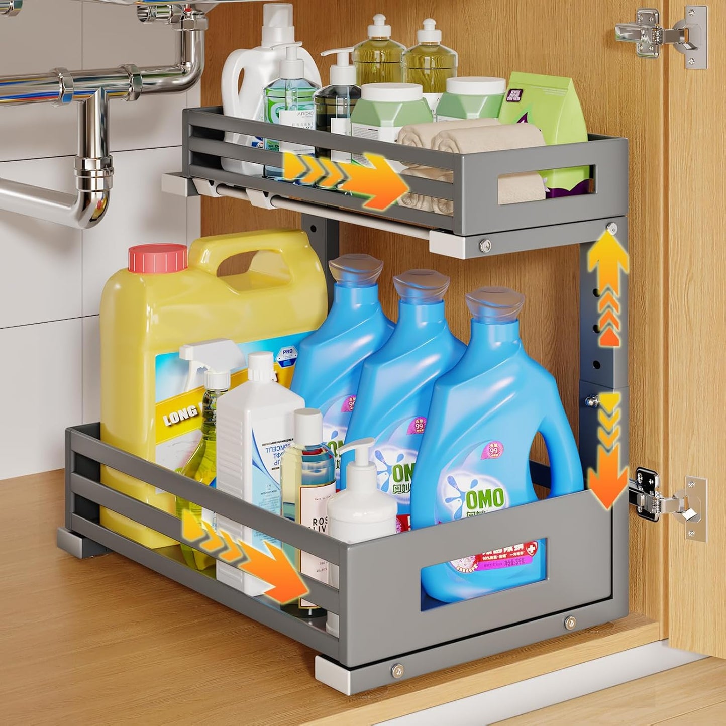 1-Pack Under Sink Organizers and Storage,2-Tier L Shape Pull Out Cabinet Organizer With Round Tube Slide Rails,Hight Adjustable Slide Out Drawers for Kitchen&Bathroom,Multi-Purpose Storage Shelf-Gray