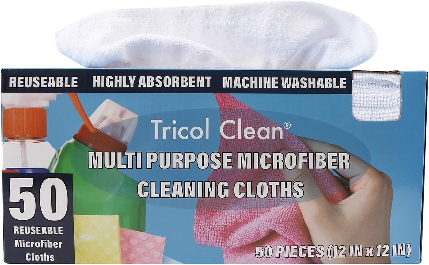 Tricol Clean Profesional Resuable Lint Free Microfiber Edgeless Cleaning Cloth 50PK Cleaning Rags,Absorbent Microfiber Wipes in Dispenser Box for Housekeeping, Car Cleaning (12 * 12 Inches) (white1)