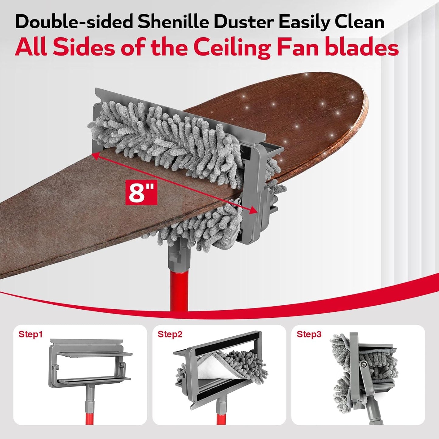 Ceiling Fan Cleaner Duster , 62.5‘’ Extendable Long Handle Ceiling Fan Blade Cleaning Tool, Reusable Chenille & Microfiber Mop Head for Dusting Ceiling Fan Baseboard Wall Floor,car wash mop