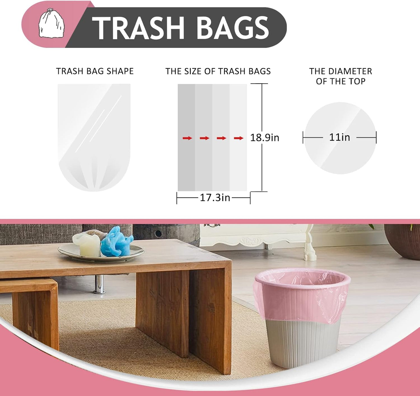 Teivio 2 Gallon 120 Counts Strong Trash Bags Garbage Bags, Bathroom Trash Can Bin Liners, Plastic Bags for home office kitchen, Pink