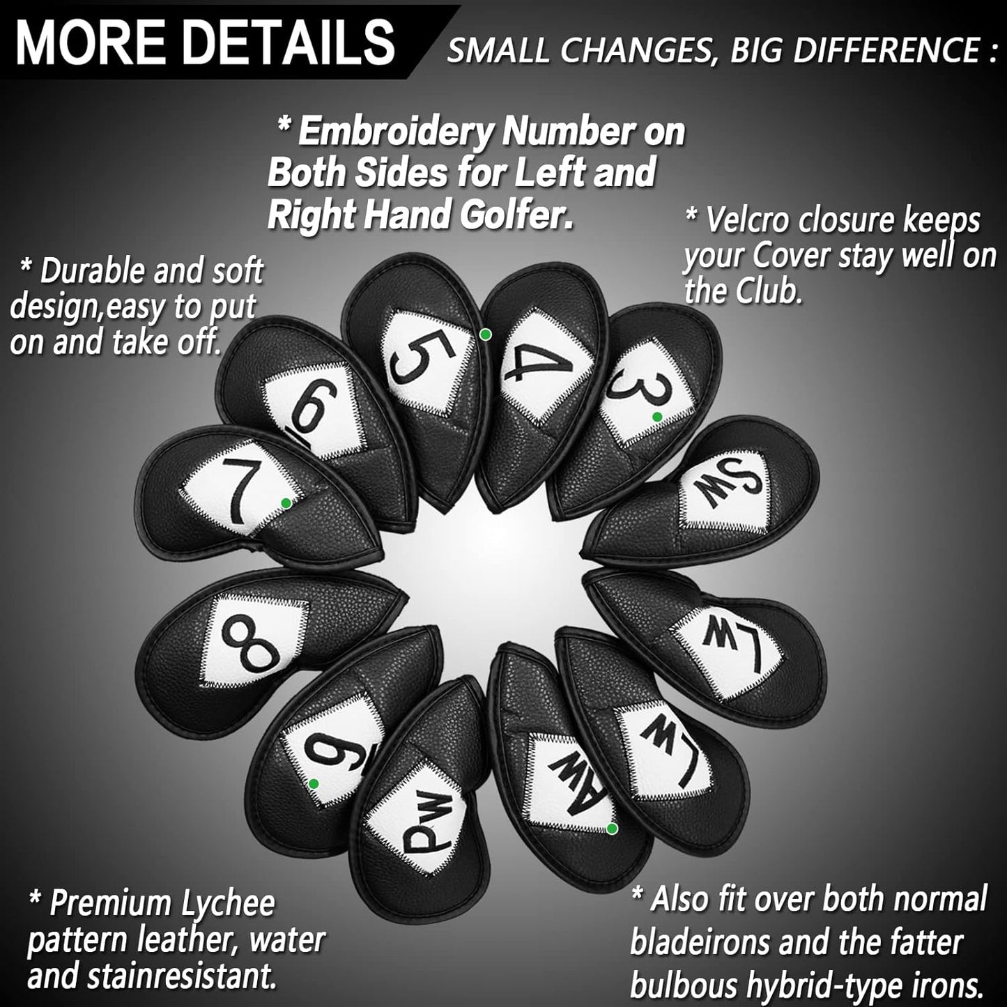 FINGER TEN Premium Synthetic Leather Stylish Iron & Wedge Golf Head Covers Value 12 Piece Set, Embroidered Labels & Fits Most Clubs Gift Set, Travel Protection Accessories