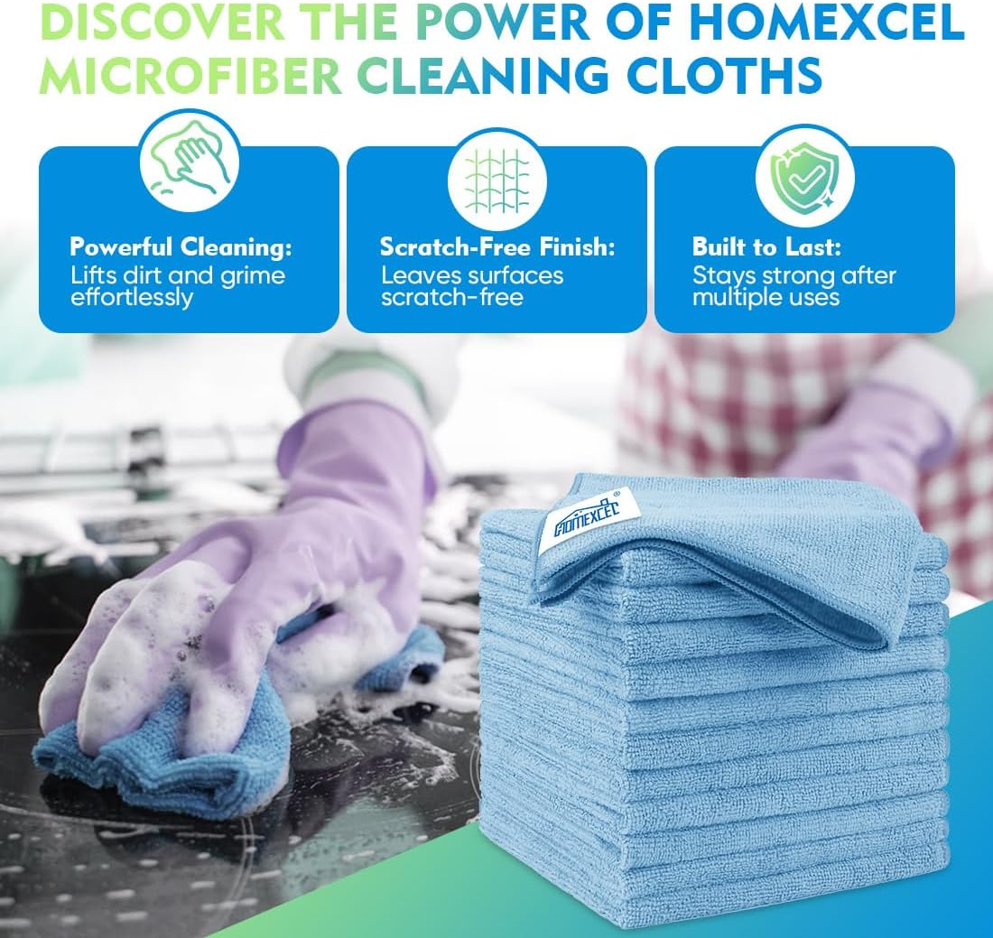 HOMEXCEL Blue Microfiber Cleaning Cloth 12 Pack, 12.5 x 12.5 inch Microfiber Towels for Cars, Ultra Absorbent Car Washing Cloth, Lint Free Streak Free Cleaning Rags for Car, Kitchen, and Window