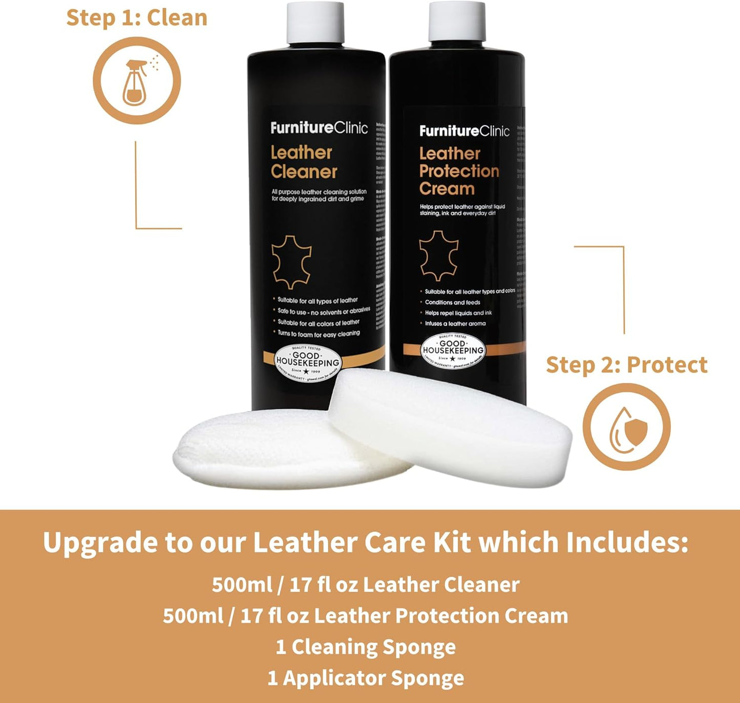 Furniture Clinic Leather Cleaner | Non-Toxic | Removes Dirt & Grime | All-Purpose Cleaning Solution for Couches, Car Seats, Purses, Shoes & Saddles | Restores All Leather Types | 8.5oz / 250ml