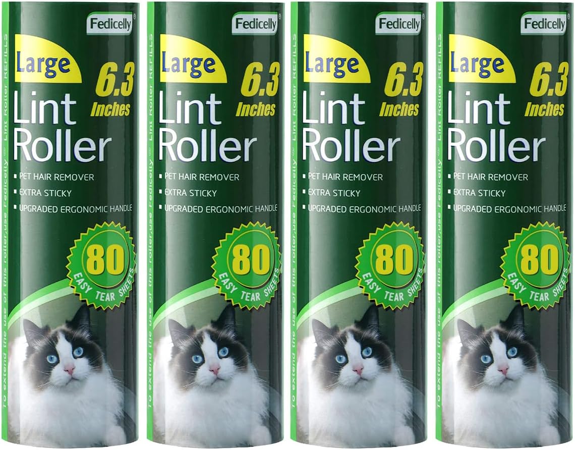 Fedicelly Large Lint Rollers Pet Hair Extra Sticky Refills,Mega Value Set 6.3 inches Wider with 320 Sheets for Cat and Dog Hair Removal,80 Sheets Per Roller (Pack of 4)