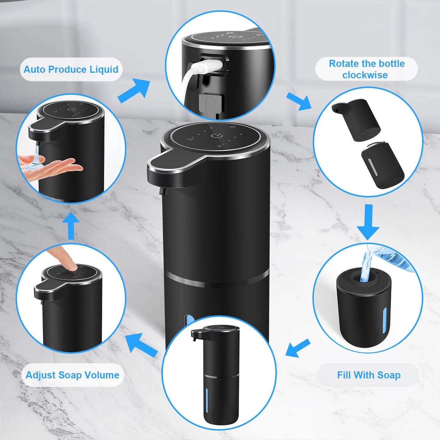 Automatic Liquid Soap Dispenser,4 Level Adjustable Liquid Dispenser, Rechargeable Soap Dispenser with USB Type C Rechargeable, 12.8oz/ 380ml Touchless Hand & Dish Dispenser for Bathroom, Kitchen