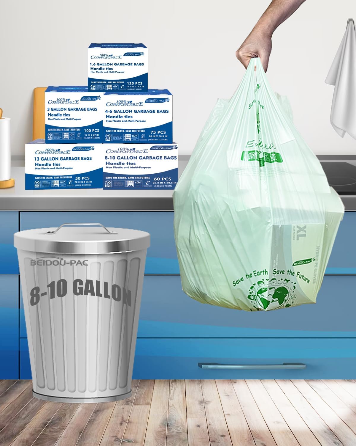 8-10 Gallon Compostable Trash Bags, 60 Count - Kitchen & Food Scrap Waste Bags, Sturdy & Biodegradable, ASTM D6400, US BPI Certified