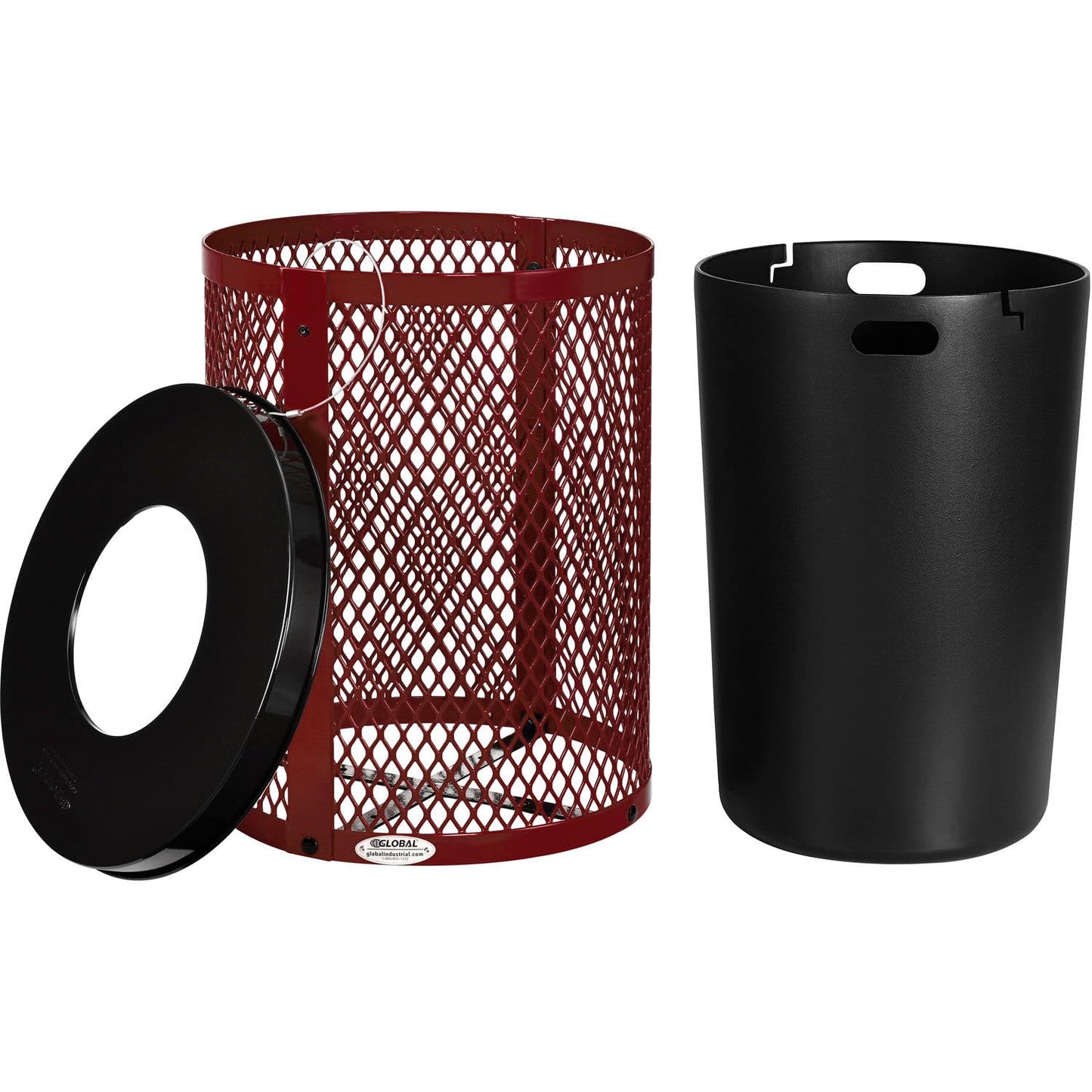 Global Industrial Outdoor Diamond Steel Trash Can with Flat Lid and Plastic Liner, 36 Gallon Capacity, Red, Thermoplastic Coating, 23-1/2" Diameter, 30" H