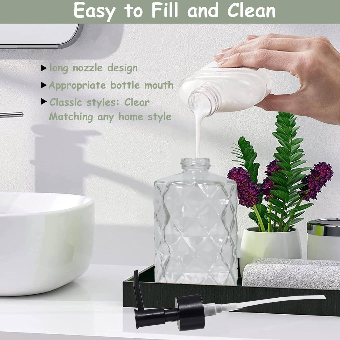 Crystal Glass Soap Dispenser, 12oz Clear Bathroom Hand Dispenser, Lotion Dispenser with Black Plastic Pump for Modern Home Decor, Kitchen Countertop, Hotel