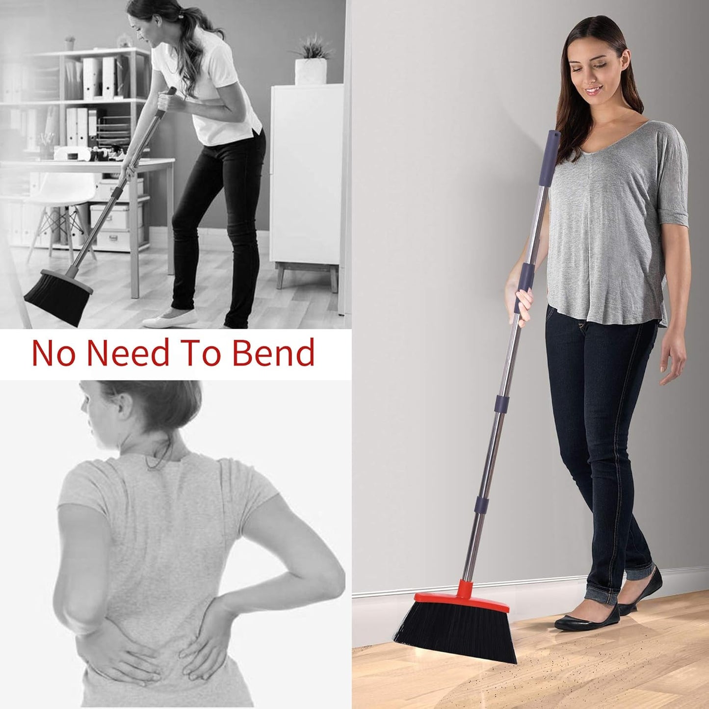 Broom with Dustpan Combo Set Broom and Dustpan Set Dust Pan with Stainless Steel Long Handle, Brooms with 5-Layer Soft Bristles for Sweeping Office Kitchen Home Pet Hair Lobby