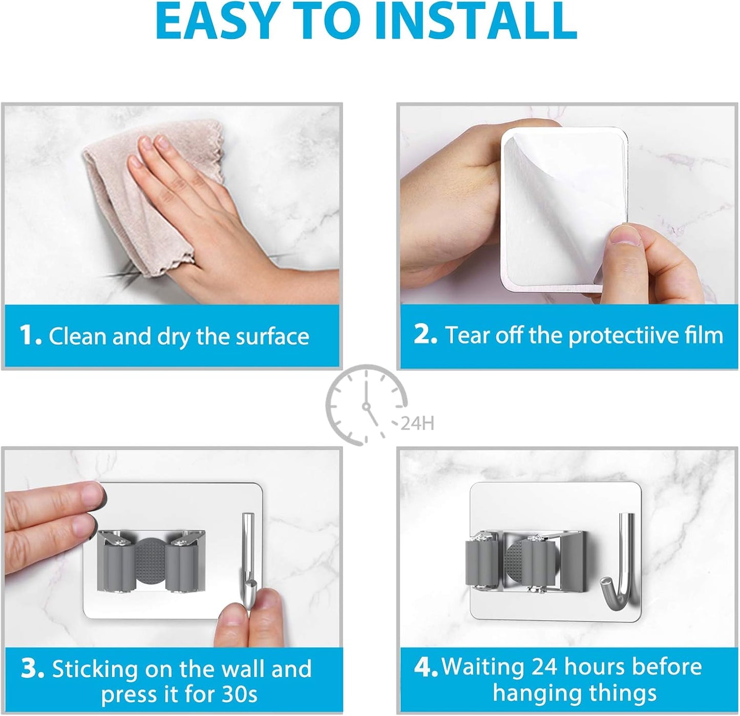 Mop Broom Holder No Drill, Mop Broom Organizer Wall Mounted Heavy Duty with Hooks Hanger, Self Adhesive Stainless Steel 4Pcs for Bathroom, Kitchen, Office (Silver)