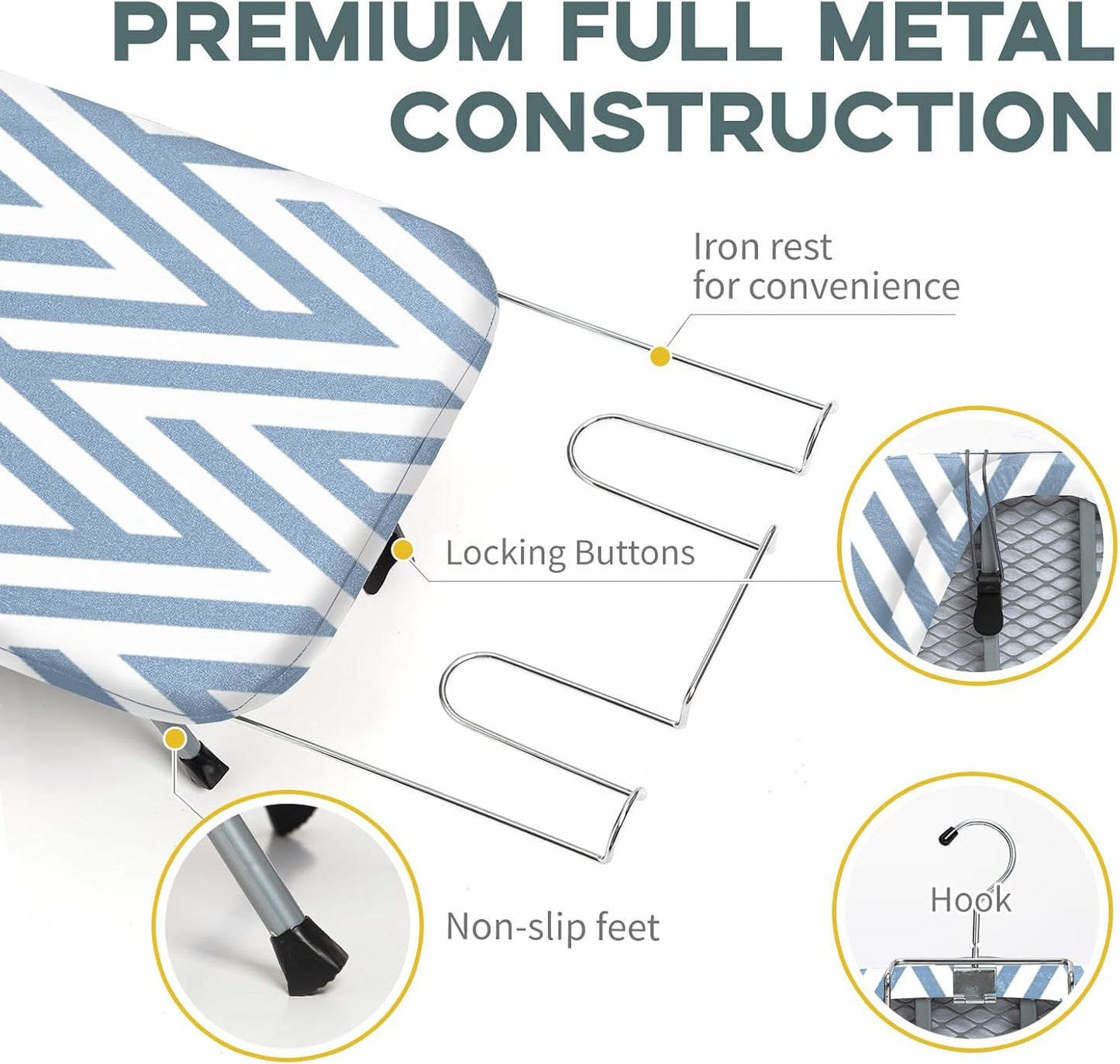 Small Tabletop Ironing Board Foldable, RAINHOL Steel Mesh Portable Iron Board for Dorm and Apartment, with Iron Rest and Heat-Resistant Cotton Cover, 31" x 12", Blue and White Stripes