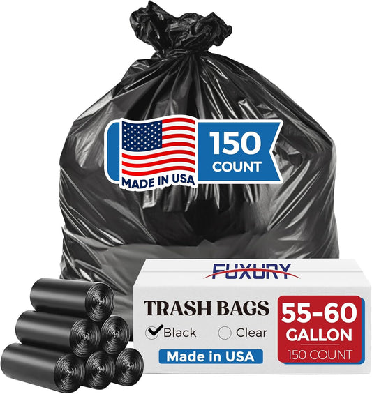 Fuxury 55-60 Gallon Trash Bags Heavy Duty, 150 Count Garbage Bags, 38 x 58" Extra Large Black Trash Bags, 0.7 Mil Plastic Bags for Serious Garbage Cleanup, Made in USA