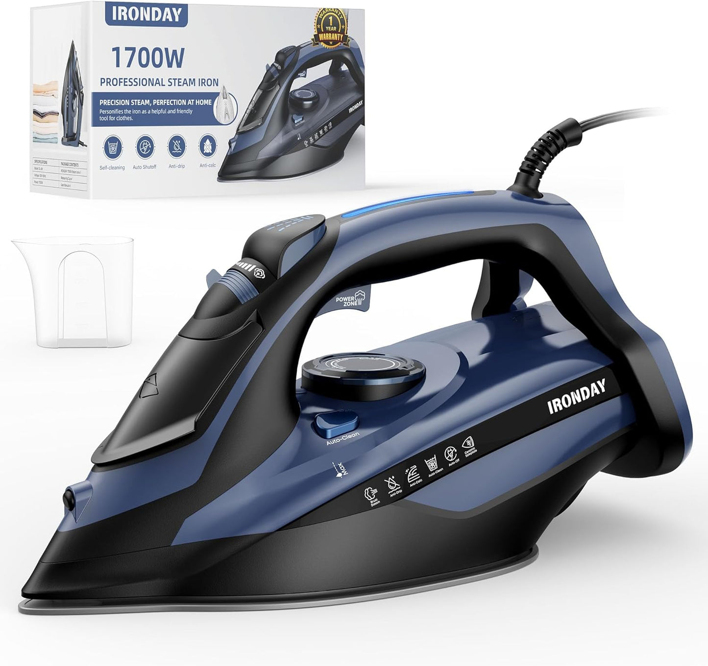 Steam Iron for Clothes Fast Heating, 1700W Iron Precision with Thermostat Dial, Ceramic Soleplate, Auto shutoff, Burst Steam, Self-Cleaning, 15.21oz Water Tank Ironing Clothes for Home, Blue