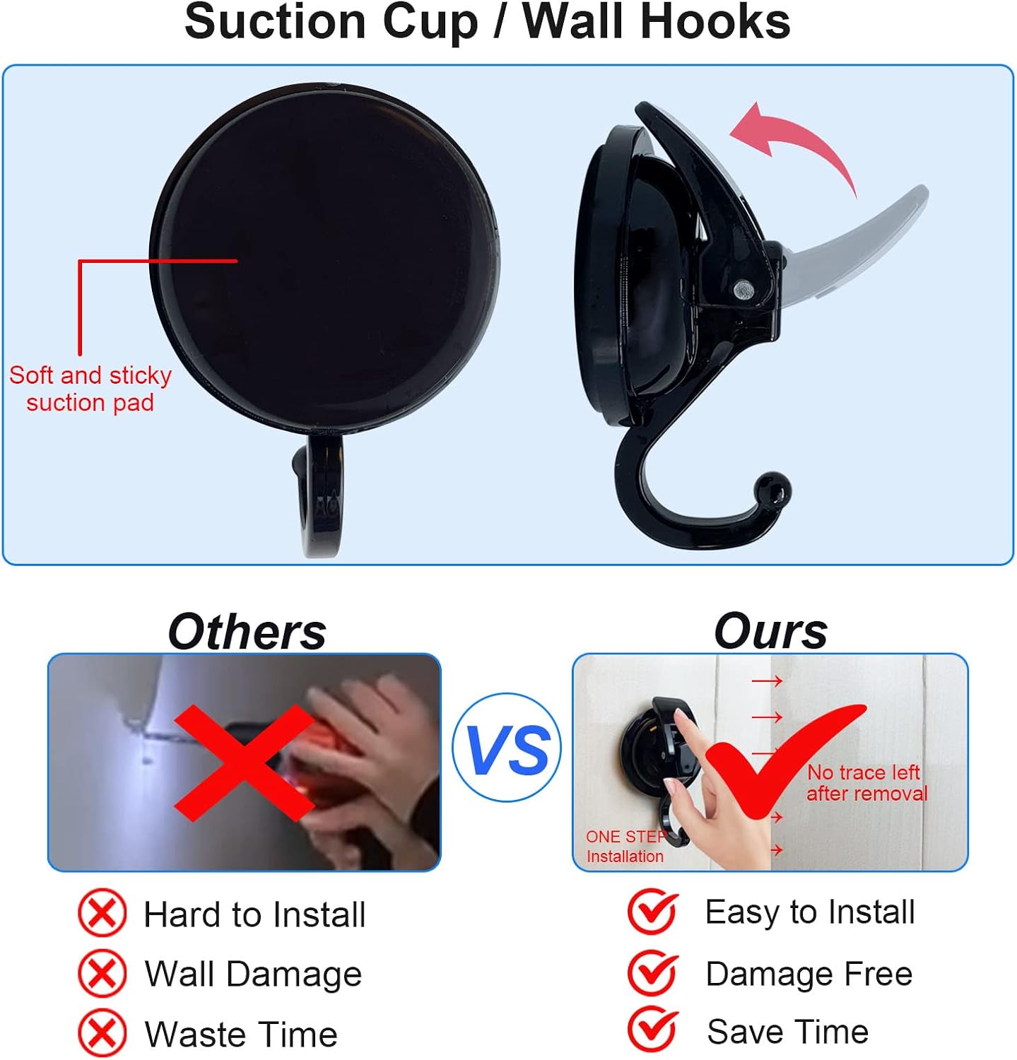 Heavy Duty Vacuum Suction Shower Hooks - Glass Suction Cup Bathroom Robe Hooks, Reusable, No Hole Punched, for Garland Decoration (Black, 6 Pack)