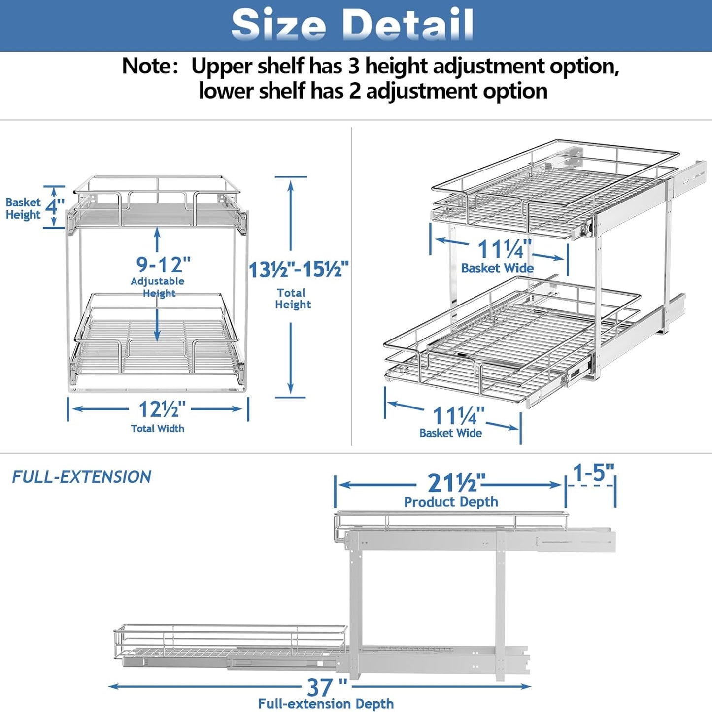 LOVMOR 2 Tier Individual Pull Out Cabinet Organizer 12½" W x 21½" D, Slide Out Kitchen Cabinet Storage Sliding Shelves