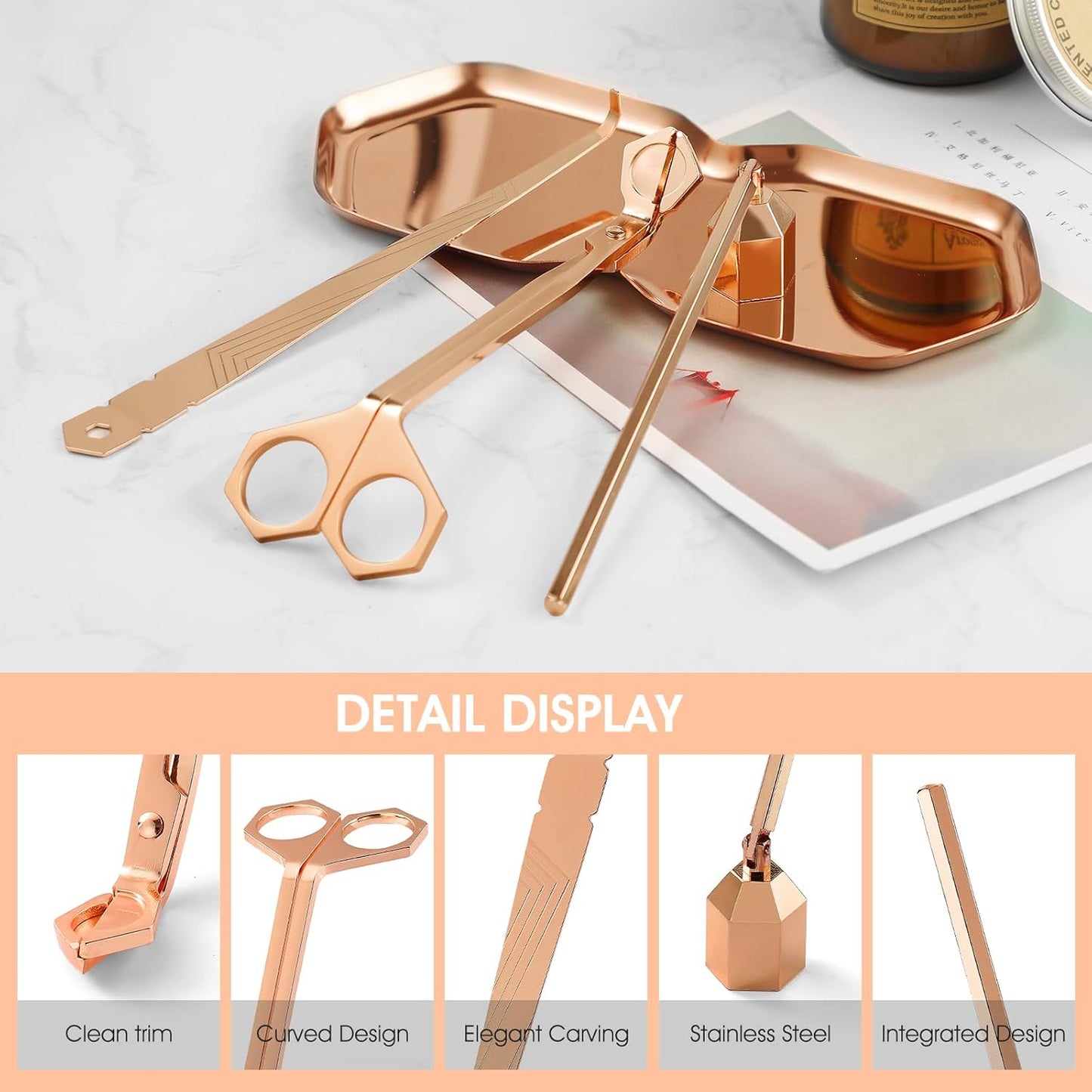 PATOISE 4 in 1 Candle Accessory Set, Wick Trimmer, Candle Snuffer, Wick Scoop,Storage Tray,Perfect for Candle Lovers (Rose Gold)