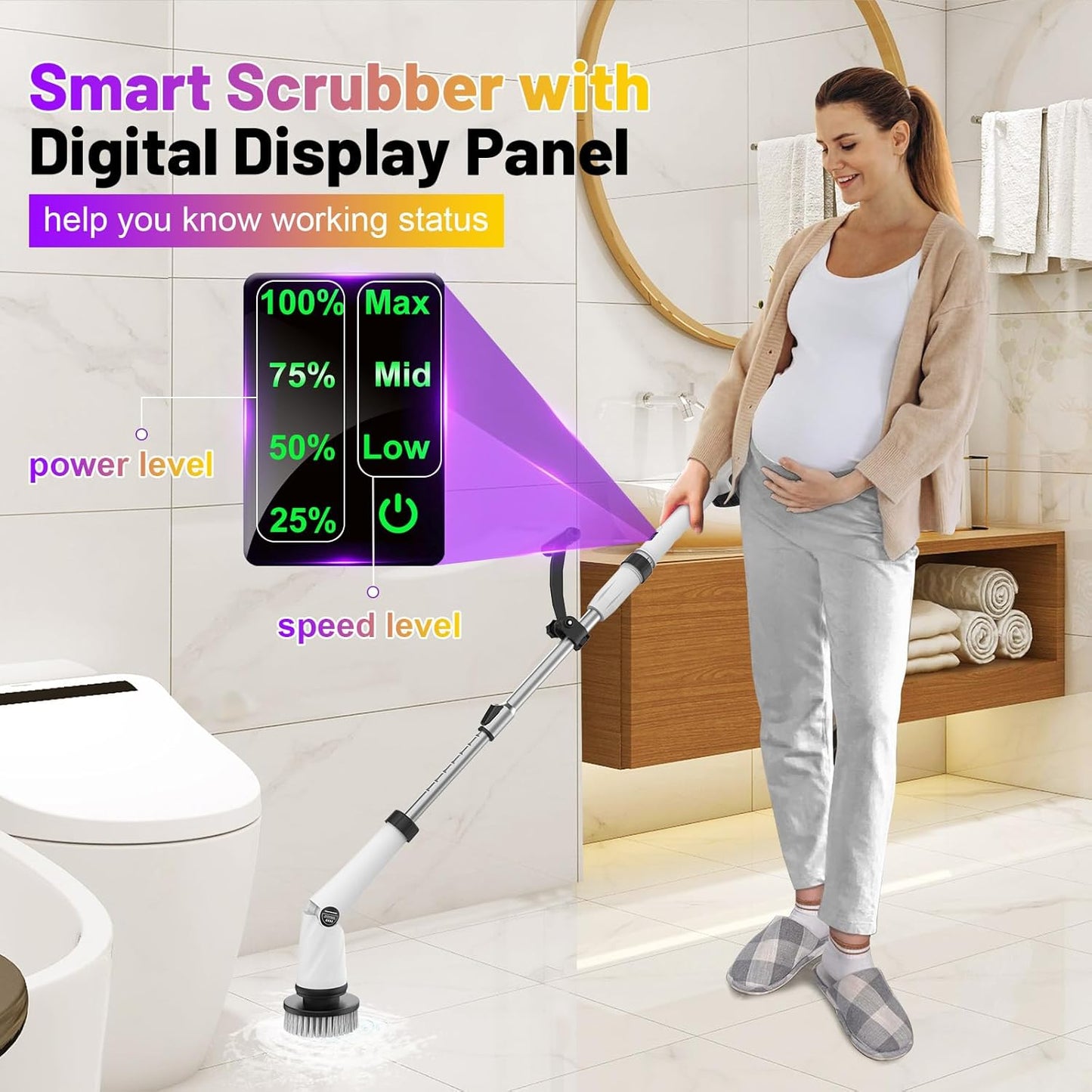 6000mAh Battery Electric Spin Scrubber 5inch Large Brush, Zordin Best Power Shower Scrubber for Cleaning, 1200RPM Cordless Cleaning Brush for Bathroom/Floor Grout Tile (8 Brushes)