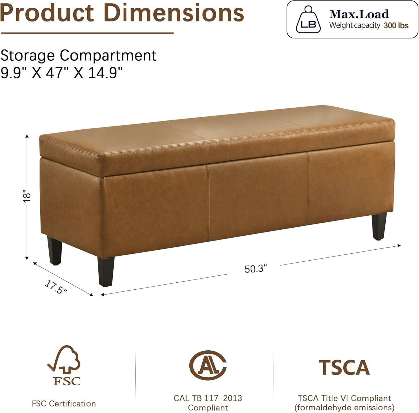 HUIMO Faux Leather Storage Ottoman Bench 50.3 Inch Extra Long PU Upholstered Bedroom Bench with Large Storage Space for The Living Room, Entryway, Bedroom Hold Up to 300lbs (Light Brown)