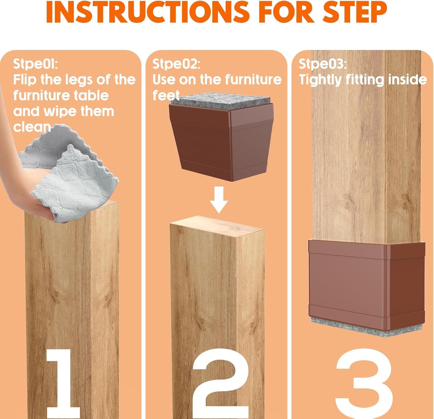 Rectangle Chair Leg Protectors for Hardwood Floors,16 PCS Silicone Covers to Protect Wood Tile Floors Felt Pads Furniture Leg Caps Reduce Noise. Easy to Move.(Brown,2 x 3 Inch,Rectangle)