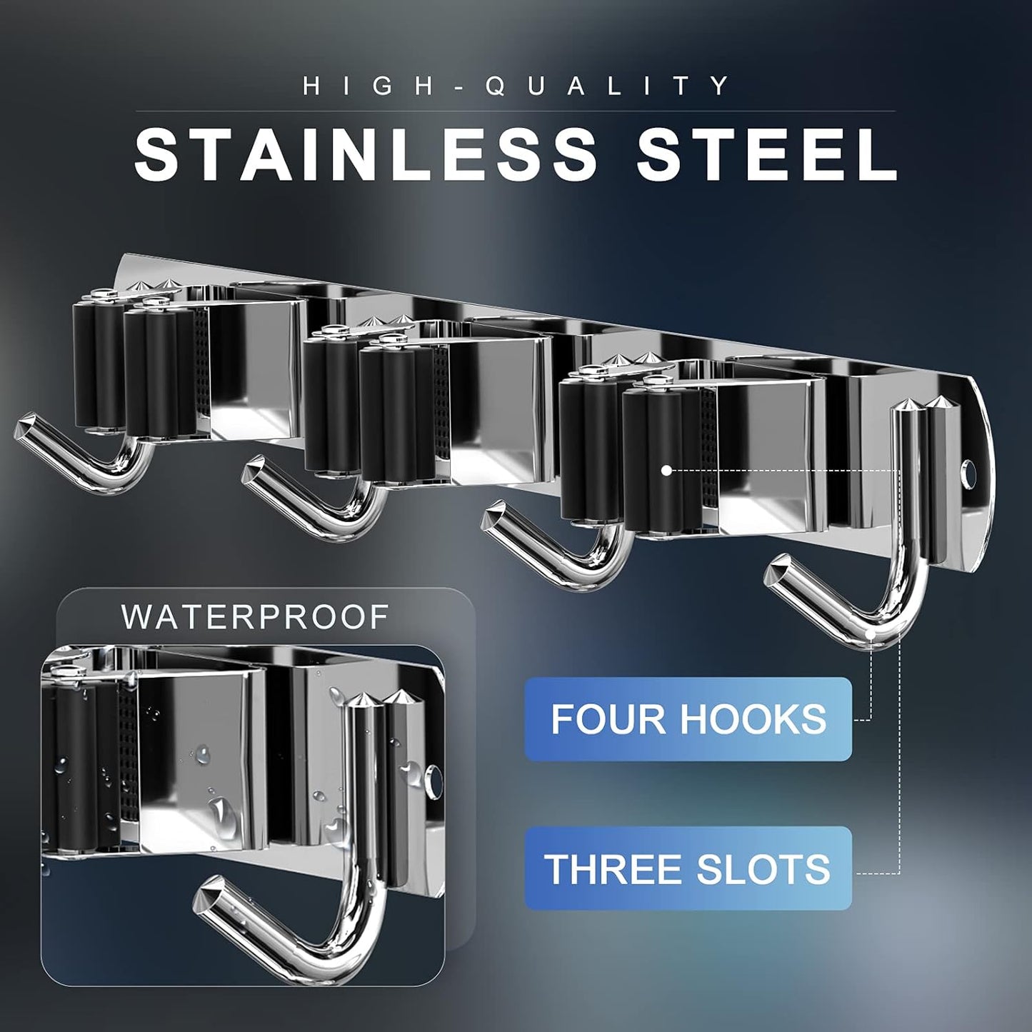 ZONGOOL Mop Broom Holder Wall Mount, Broom Organizer Mop and Broom Storage Tool Racks Stainless Steel Wall Hanger for Home Kitchen Garden Laundry Garage (3 Racks with 4 Hooks, Silver)