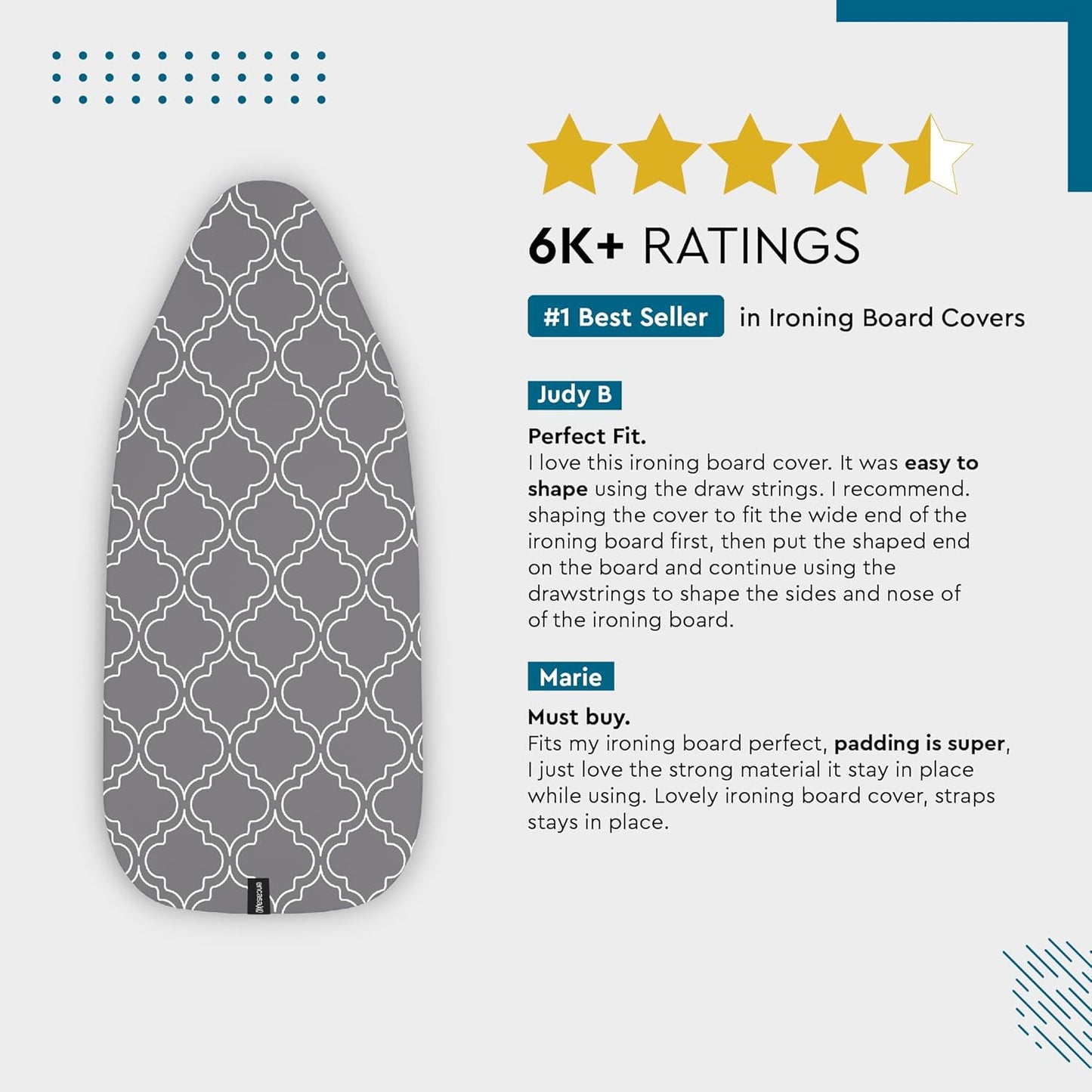 Encasa XO Ironing Board Cover and Pad 42"x14" - Thick 3mm Felt Padding, Drawstring Tightening & Lock, Easy Fit, Scorch & Stain Resistant, Fits Medium Ironing Board - Peach Tiles