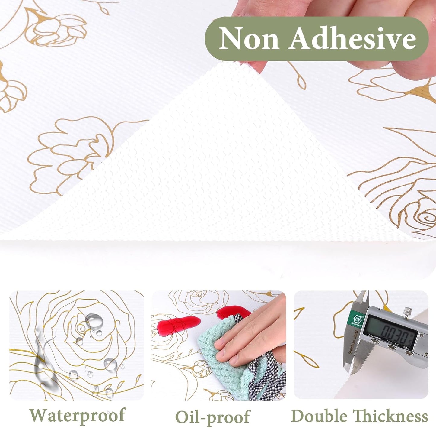 Shelf Liners for Kitchen Cabinets 12in x 39.37FT Non Adhesive Drawer Liner Gold Floral Thickened Shelf Liner Paper Strong Non-Slip Easy to Clean for Tool Box Refrigerator with Knife and Tape Measure