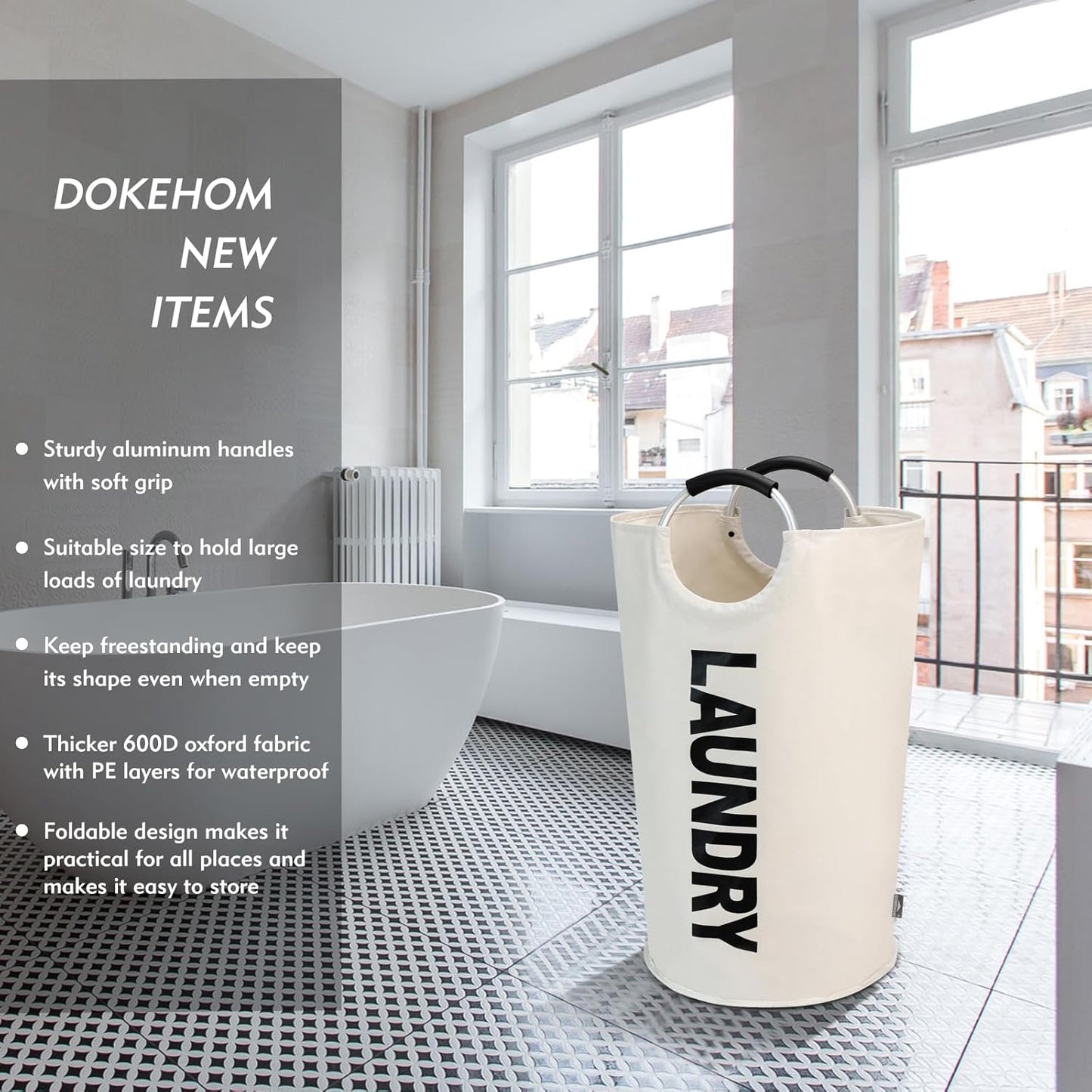 DOKEHOM 125L X-Large Laundry Basket, Collapsible Laundry Bag, Freestanding Tall Clothes Hamper, Foldable Washing Bin (Beige)