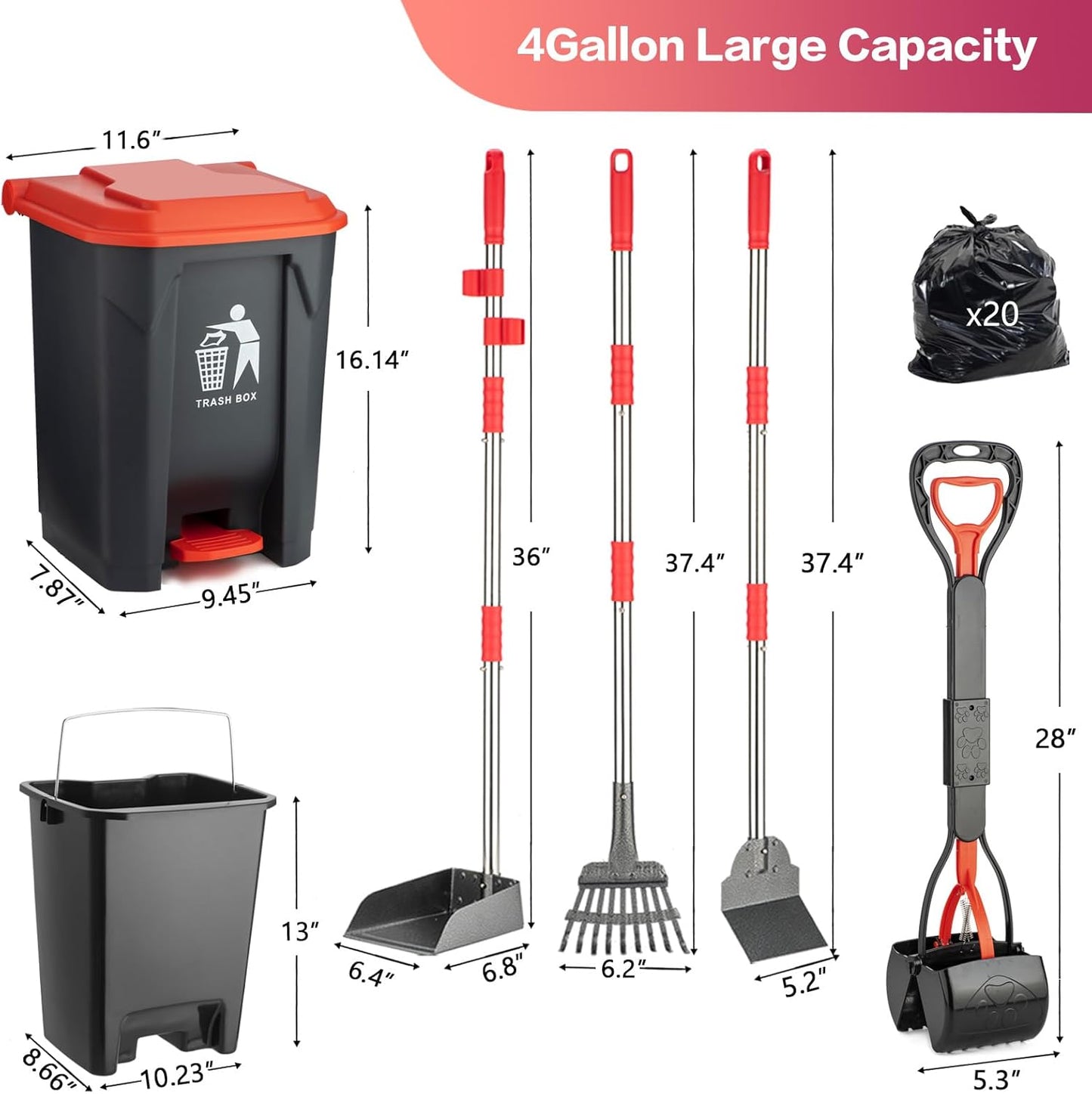 Pooper Scooper Set,Dog Poop Tray and Rake Set for Large & Small Dogs Dog Pooper Scooper 15 Litre Step Dog Poop Trash Can Outside W/Removable Inner Bucket with 20 Waste Bags