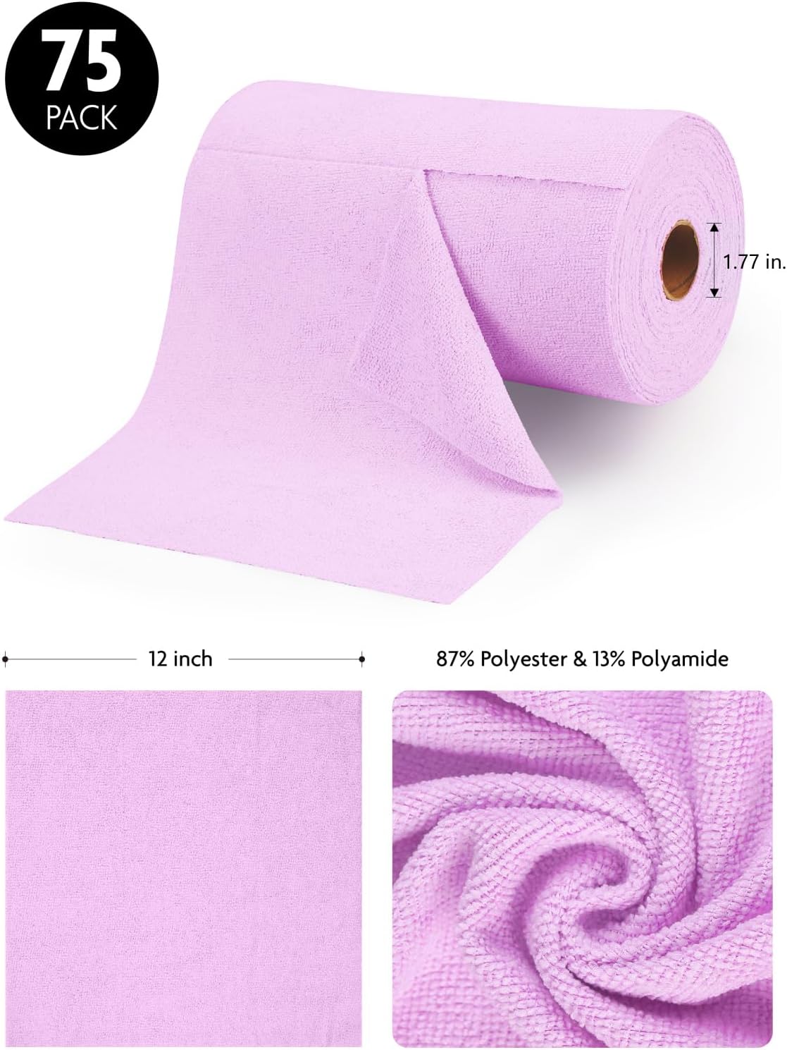 Fantasticlean Microfiber Cleaning Cloth Roll -75 pack, Tear Away Microfiber Towels, 12" x 12", Reusable, Washable, Scratch Free, Ultra Absorbent Dishcloth for Home Supplies, Car, Pet, Kitchen (Purple)
