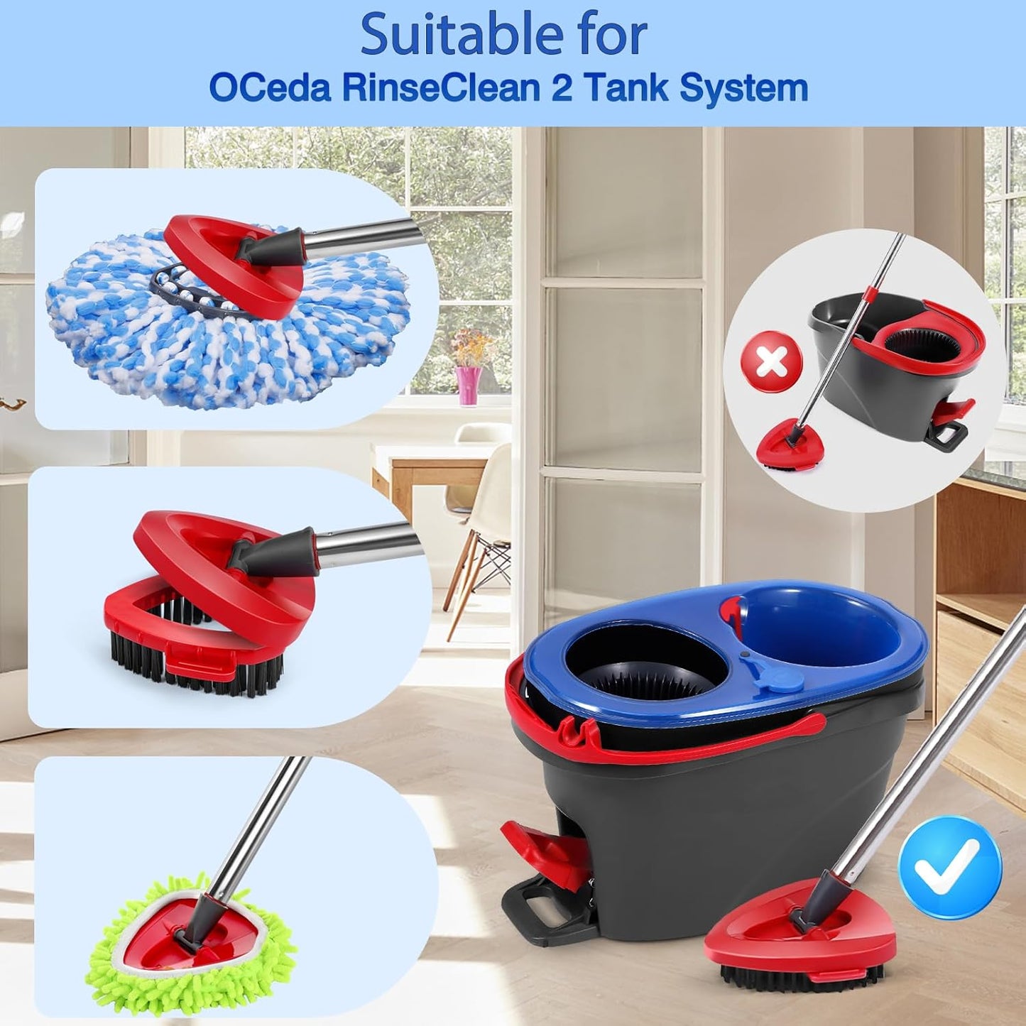 Microfiber Spin Mop Head Replacement 4 Pcs & 2 Chennile Mop Replace & 1 Scrub Brush & 1 Base Combo for Oceda RinseClean 2-Tank System,Mop Replacements Head,Machine Washable for Tub and Tile