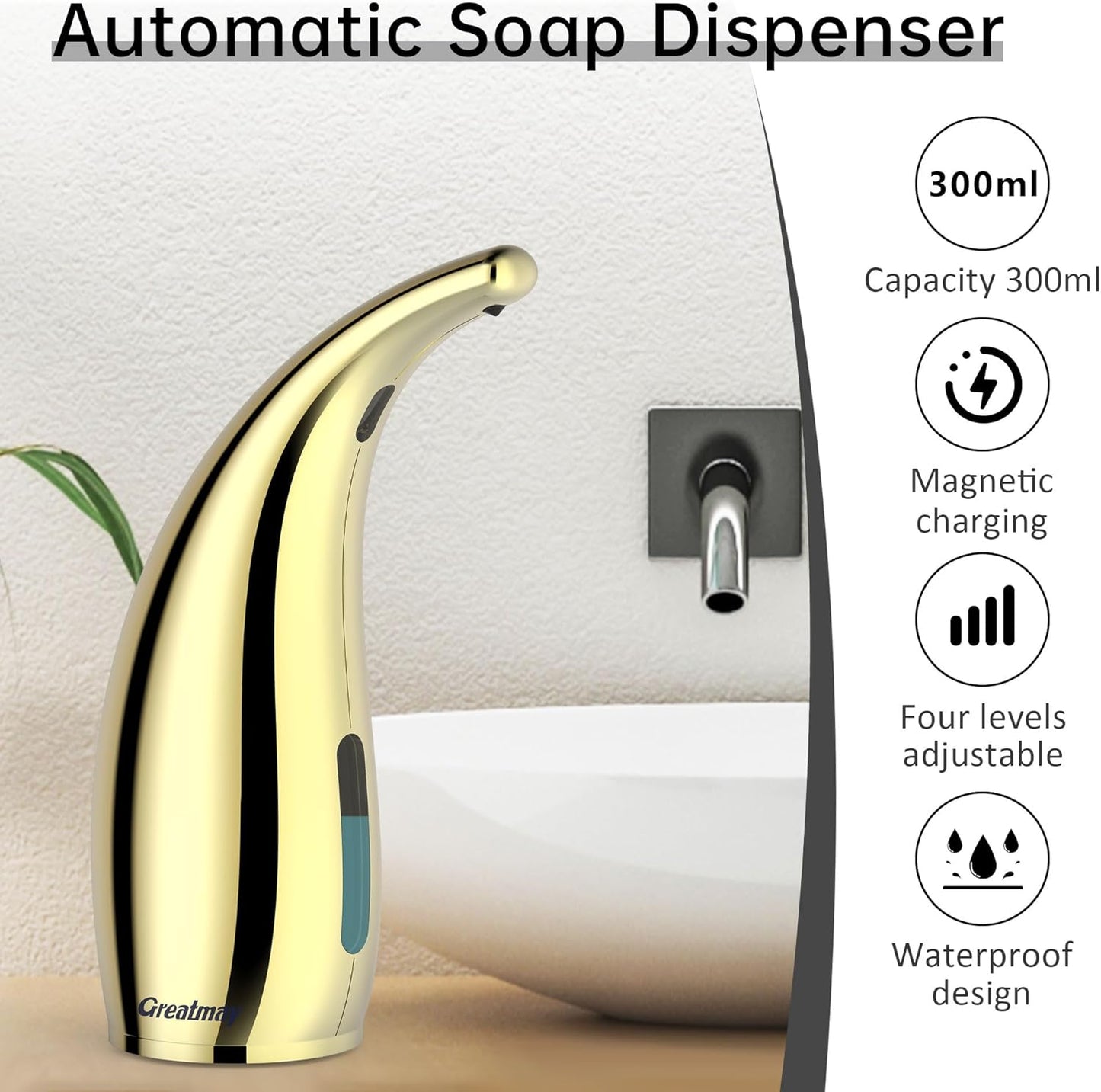 Adjustable Automatic Soap Dispenser Touchless, 4 Adjustable Levels Touchless Sensor Liquid Soap Pump Dispenser，300ml Rechargeable Magnetic Charging Hand Soap Dispenser for Kitchen，Bathroom