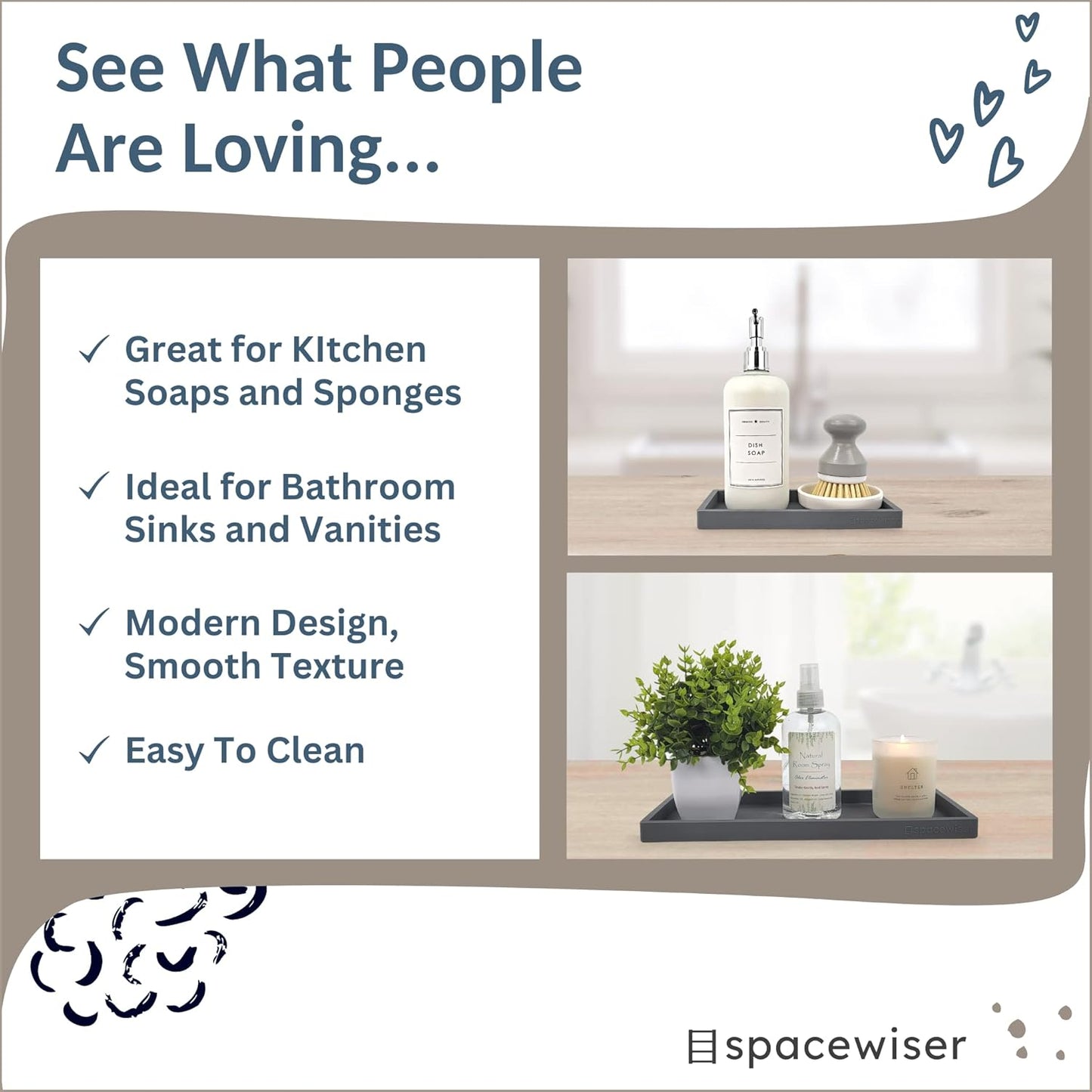 Countertop and Vanity Tray - 2 PC (11” and 7”) Shatterproof Silicone Kitchen and Bathroom Trays for Counter, Kitchen Soap Dispenser Tray, Vanity Trays for Bathroom, Perfume Key Tray