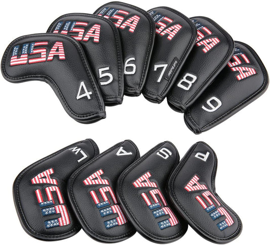 Golf Builder Black Leather USA Golf Club Iron Wedge Head Covers Fit All Brands