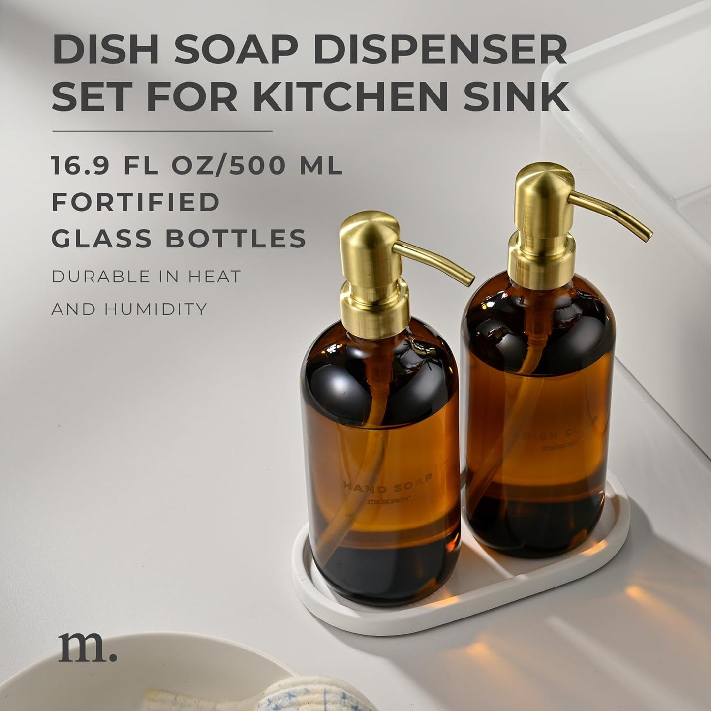 MaisoNovo Soap Dispenser 3-Piece Set | 16.9oz Amber Bottles with Gold Stainless Steel Pumps