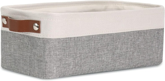 DULLEMELO Fabric Bathroom Storage Bin with Leather Handles, Narrow Organizer for Towels, Toilet Paper Rolls, Storage Basket for Back of Toilet, Vanities, Shelves & Cabinets (White&Gray)