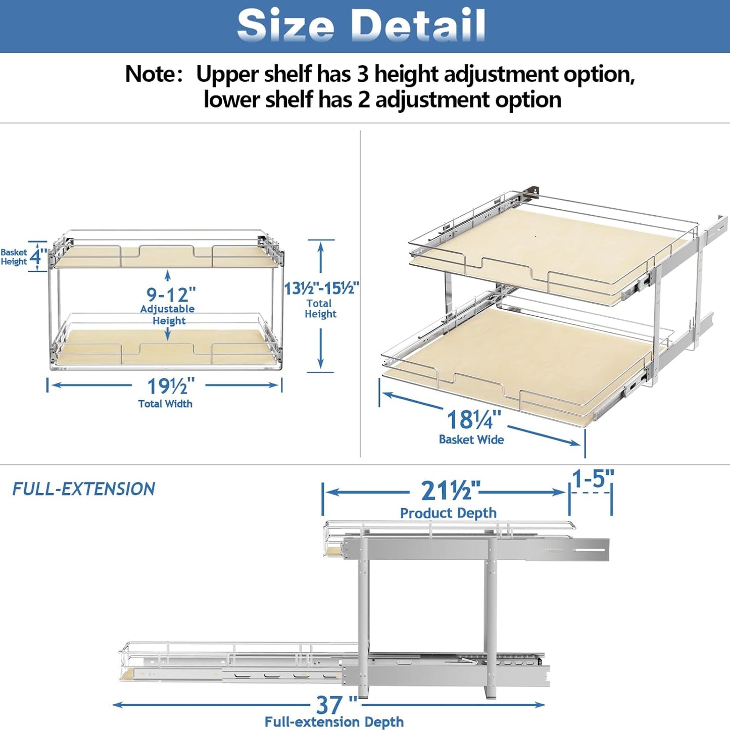 ROOMTEC 2 Tier Individual Pull Out Cabinet Organizer 19½"W x 21½"D, Slide Out Wood Shelves Organizers, Pull Out Drawers Organization and Storage for Kitchen Cabinet