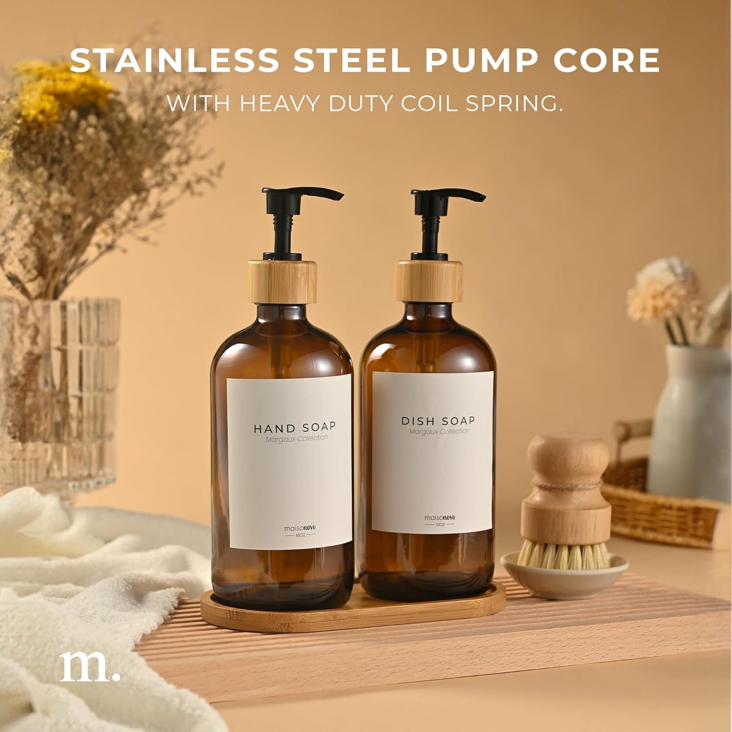 MaisoNovo Soap Pump Replacement - 2X Black Bamboo Pumps - Pump Dispenser - Soap Dispenser Pump Replacement - Stainless Steel Soap Pump - Pump for Soap Dispenser