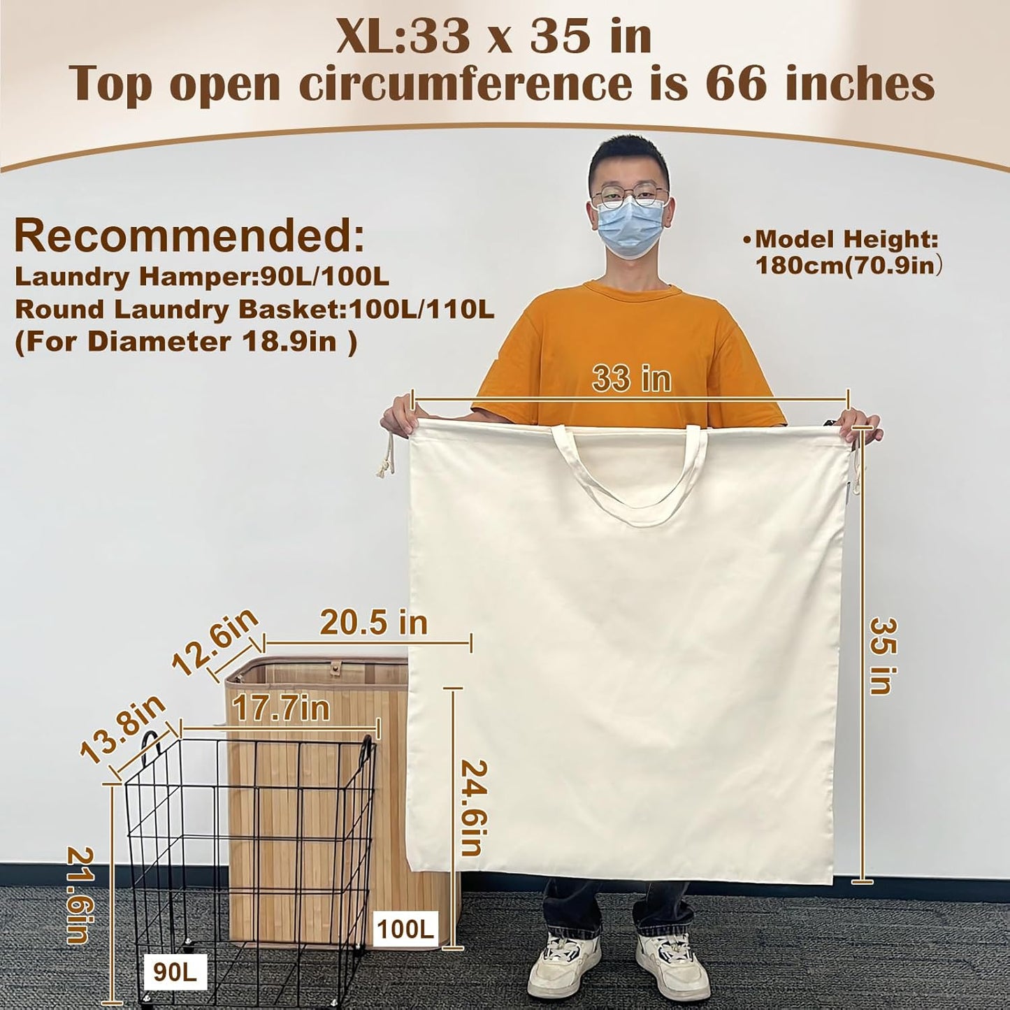 Canvas Laundry Bag 33"x 35", Thick Cotton Laundry Bag with Handles & Drawstring, Extra Large Heavy Duty Washable Basket Liner Hamper Liner Canvas Storage Sack (Beige XL, 2 Pack)