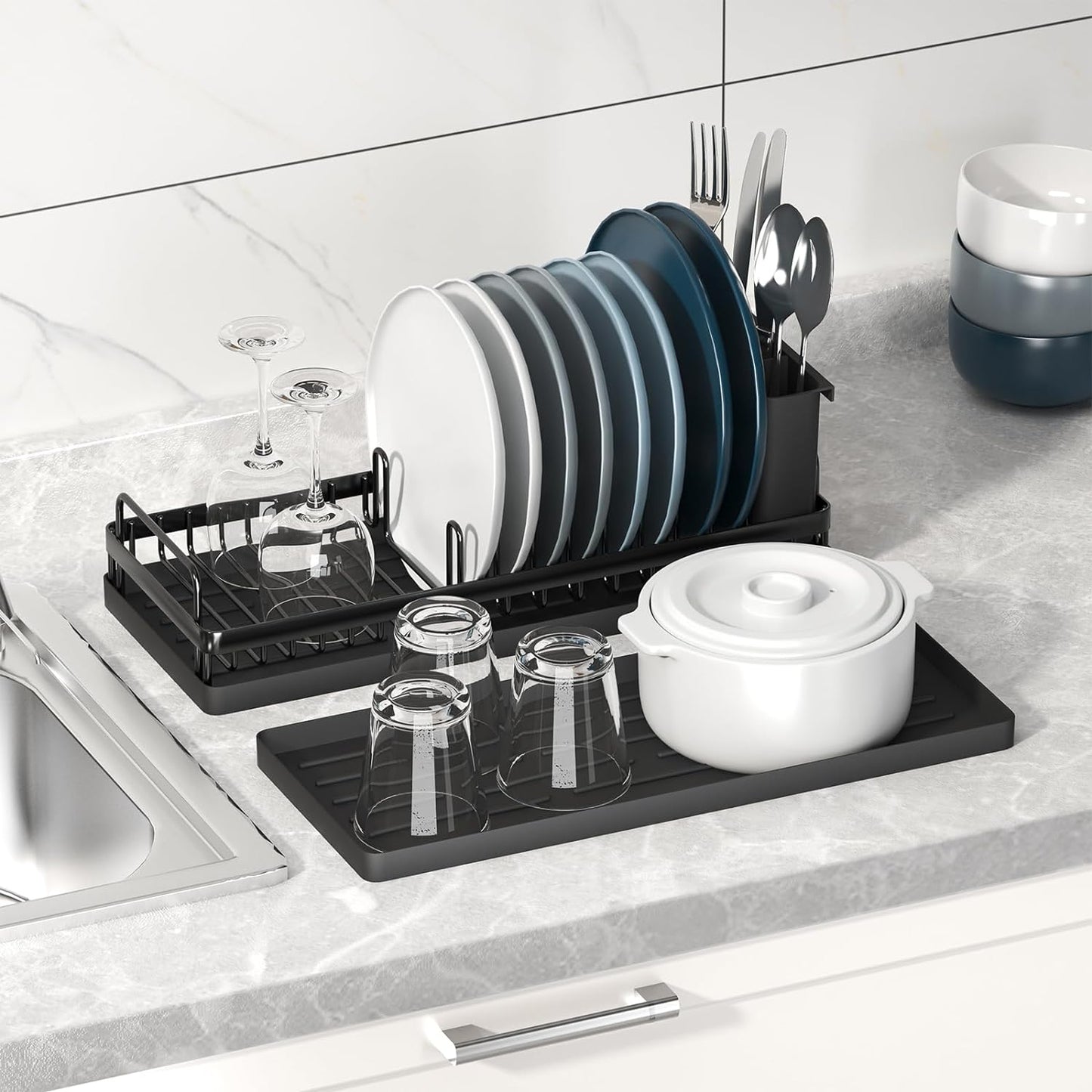 Small Dish Drying Rack, Compact Sink Dish Drainer Plate Organizer with Utensil Holder and 2pcs Silicone Drying Mats for Kitchen Counter, RVs, Apartments