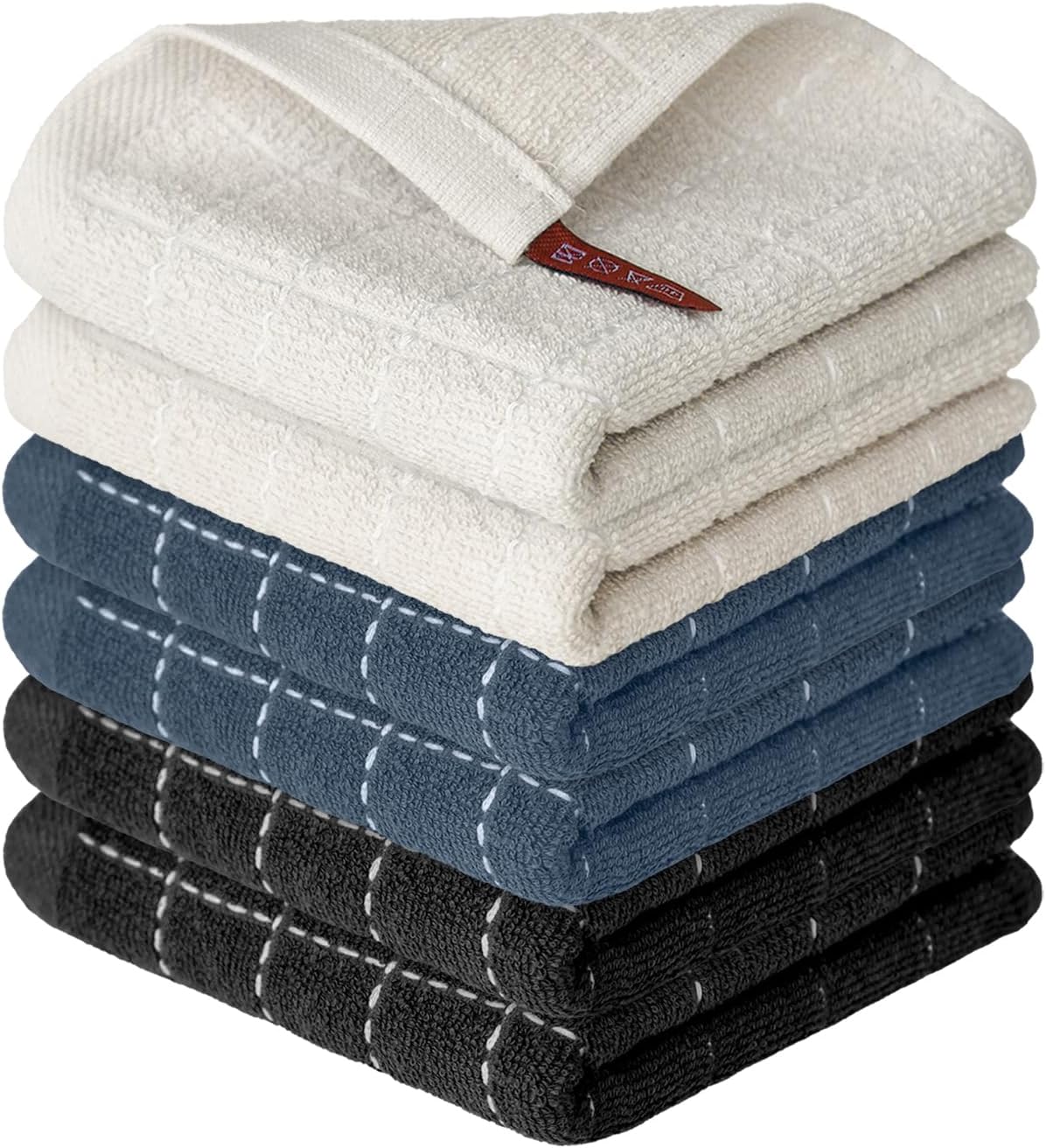 Artoid Mode Checkered Designed Cotton Beige Grey Black Terry Kitchen Dish Cloths, 12x12 Inch Soft Absorbent Quick Drying Kitchen Rags Set of 6