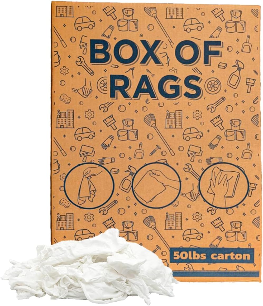 Premium White Knit (50 lbs. Box of Rags) Cotton T-Shirt Cloth Wiping Rags - Shop Cleaning Tshirt Cloths in a Box, Staining & Finishing Rag for Auto, Grease, Paint & Wood