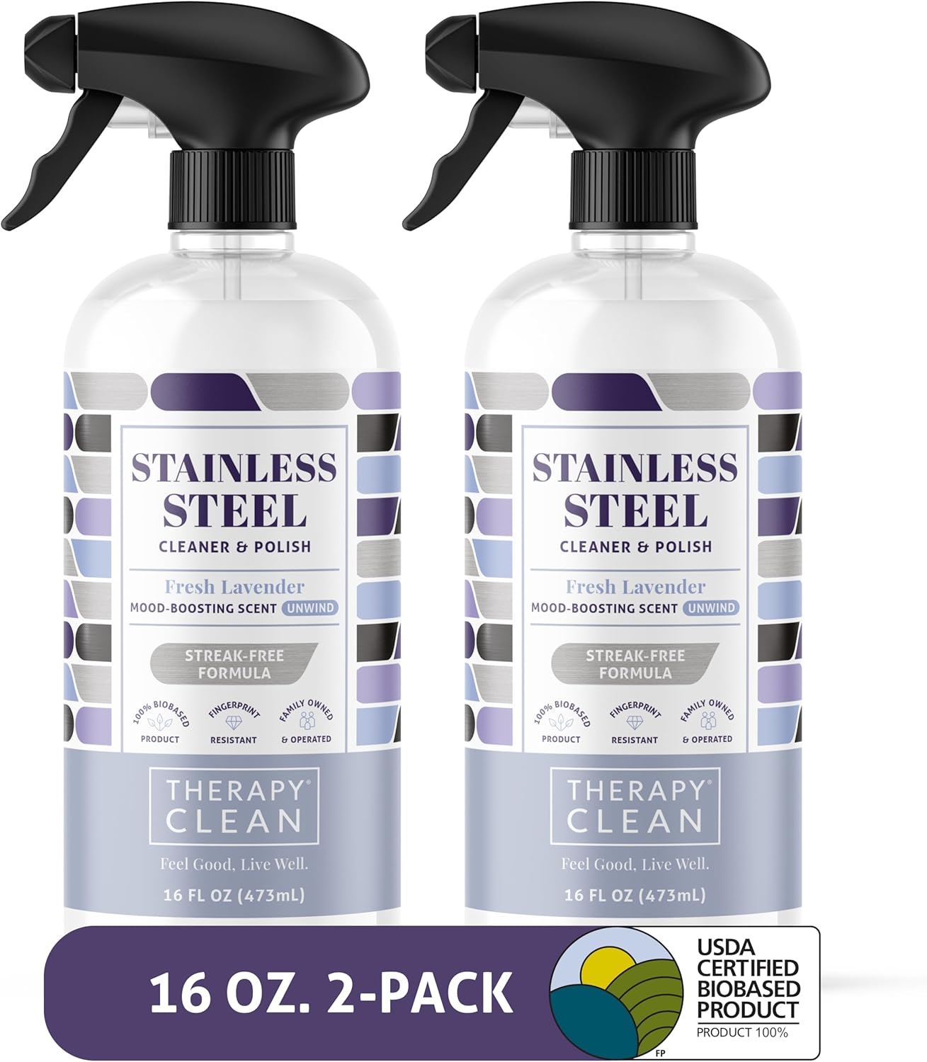 Therapy Stainless Steel Cleaner and Polish 100% USDA Biobased, Fingerprint and Residue Remover, Lavender Essential Oil Scent, Sink Cleaner, Grill Spray