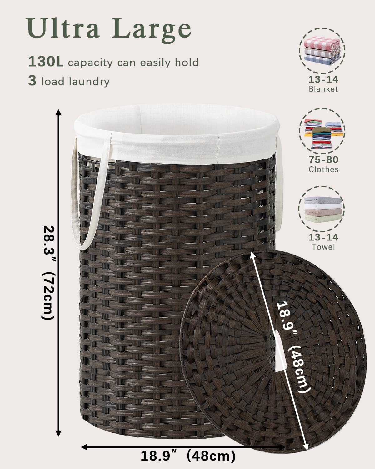Large Laundry Hamper Laundry Basket Round 34.3 Gal (130 L) Handwoven Wicker Laundry Baskets Rattan Laundry Basket with Laundry Bag Handles 2 Mesh Bags for Living Room Bedroom Brown