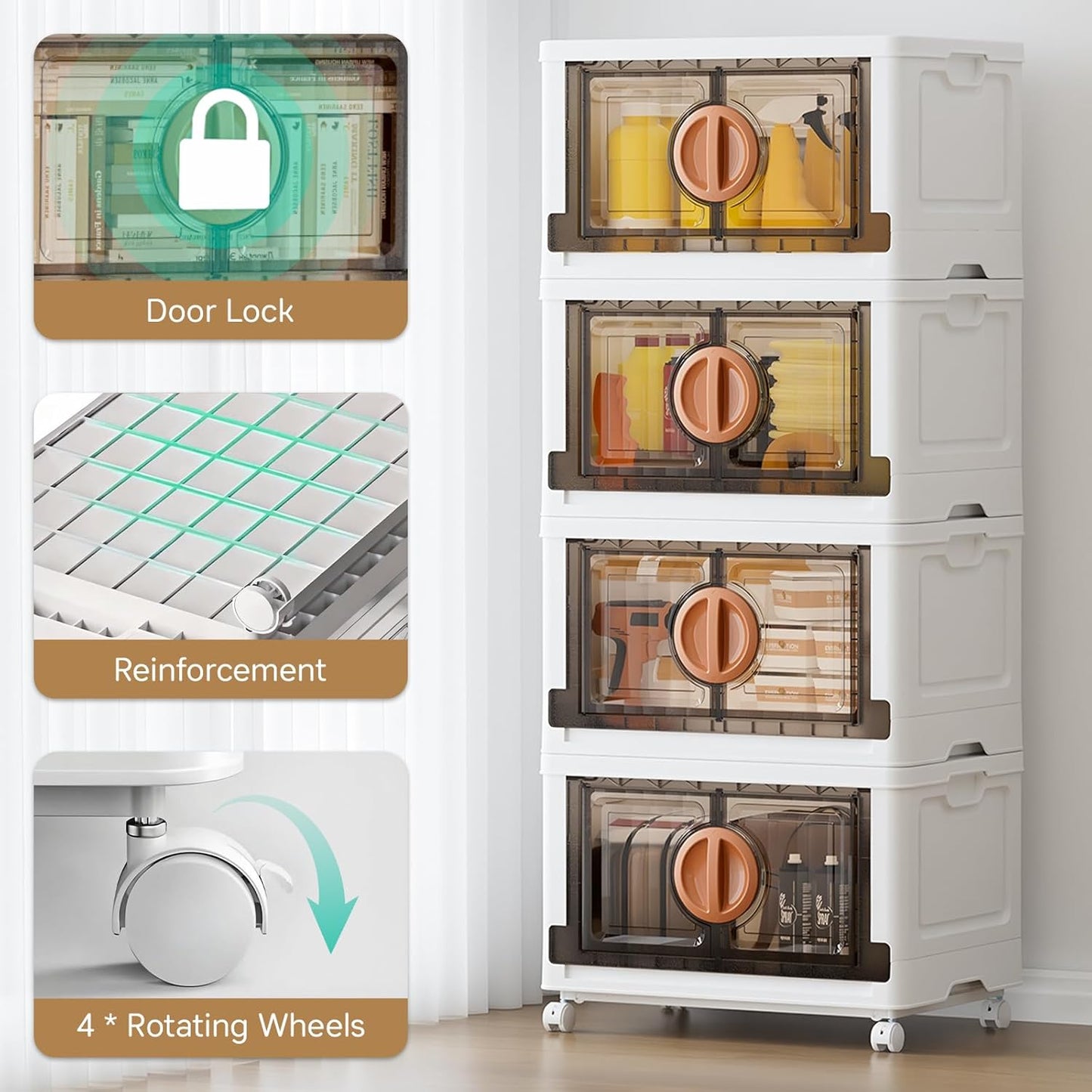 JEKO&JEKO 332Qt Lockable Stackable Storage Bins with Lids, Collapsible Closet Organizer with Wheels, Plastic Cabinet Drawer for Clothes, Dorm Room 4 Pack (White)