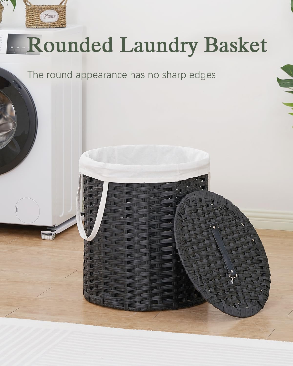 Laundry Hamper with Lid Wicker Laundry Hamper Round 26.5 Gal (100 L) Laundry Basket Handwoven Rattan Laundry Basket with Removable Bag Handles 2 Mesh Bags for Living Room Bedroom Black
