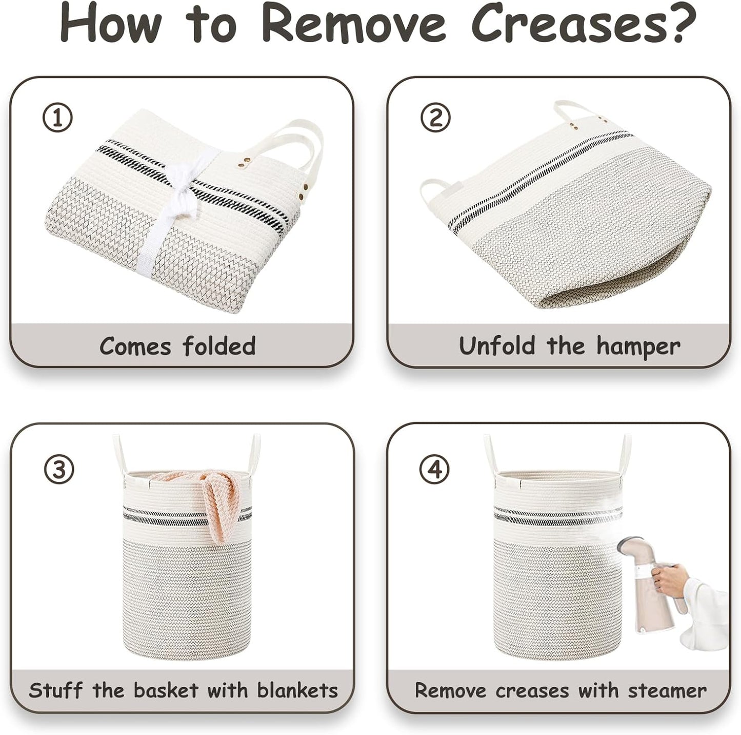 VIPOSCO Tall Laundry Basket, Large Dirty Clothes Hamper with Leather Handle, Woven Rope Storage Basket for Blanket, Toy In Living Room, Bathroom, Bedroom - 53L Stripe White