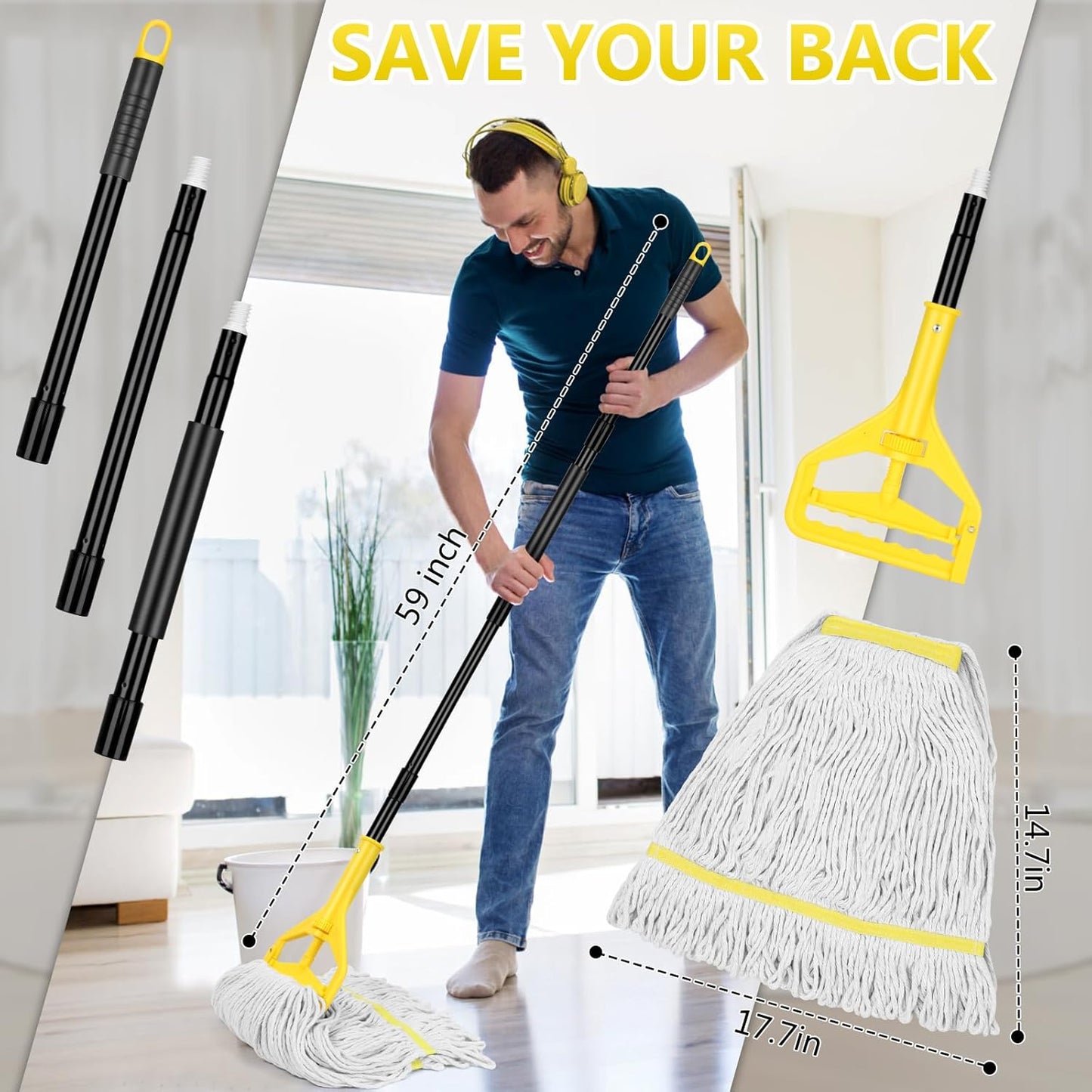 Beyoco Heavy Duty Commercial Industrial Cotton Mop with Long Handle,Looped-End String Wet Mops with Replacement Mop Head for Home,Garage,Office, Workshop, Warehouse Floor Cleaning