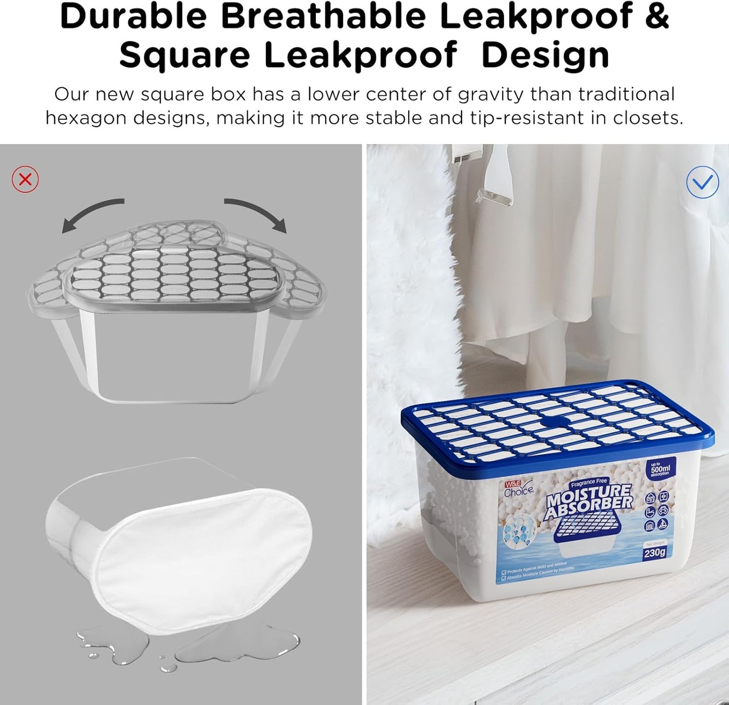 W&E Choice Moisture Absorbers, Portable Humidity Absorber Boxes for Your Bathroom, Closet & Car, Dehumidifier with Fragrance Free, 6 Pack