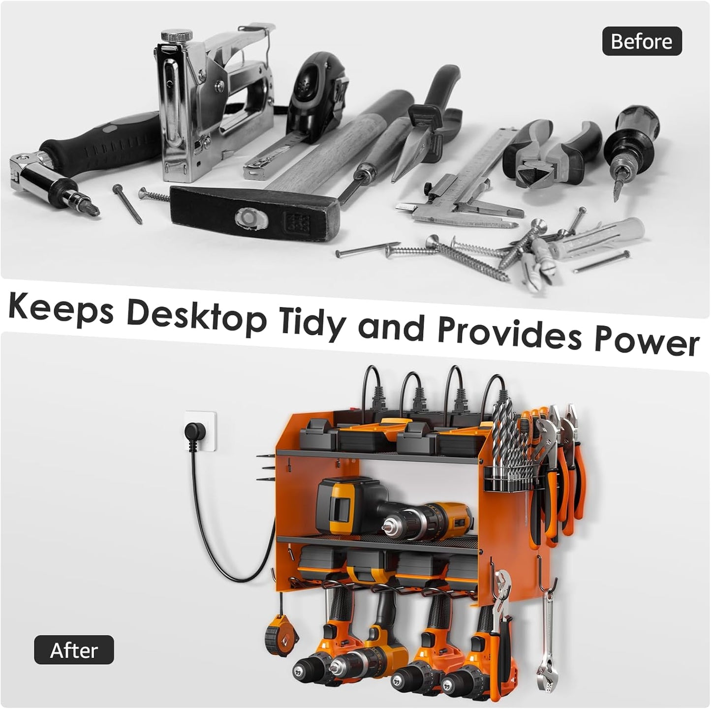 CCCEI Set Power Tool Organizer Wall Mount with Charging Station. Garage 4 Drill Storage Shelf with Hooks, Heavy Duty Metal Tool Battery Charger Organizer. Shop Utility Rack with Power Strip Orange.