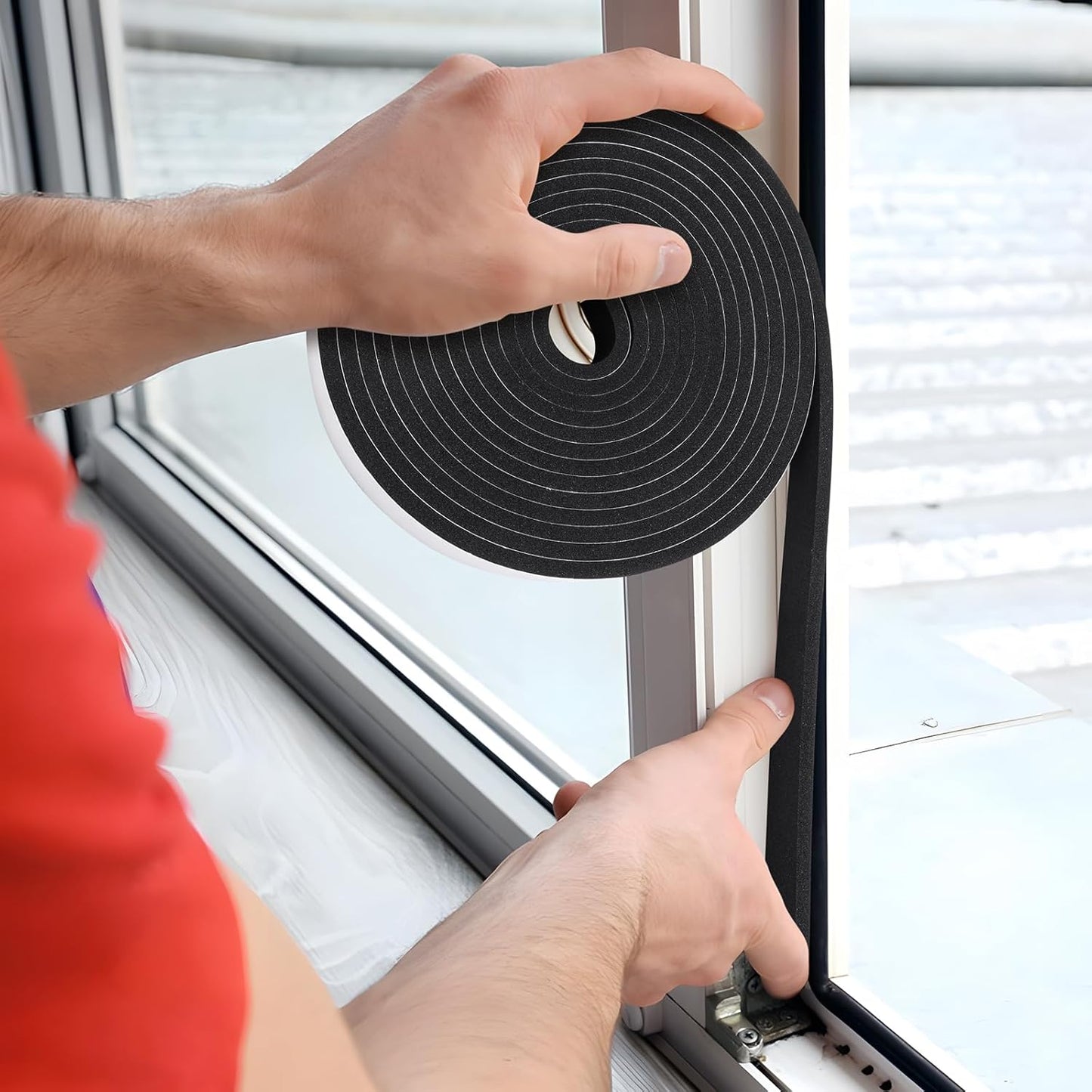 Weather Stripping Door Seal Strip- 1 Inch X 1/16 Inch X 32Feet, Strong Adhesive, Lightproof, Soundproof, Weatherproof Foam Tape Insulation for Sliding Door, Front Door Frame, Windows- Black